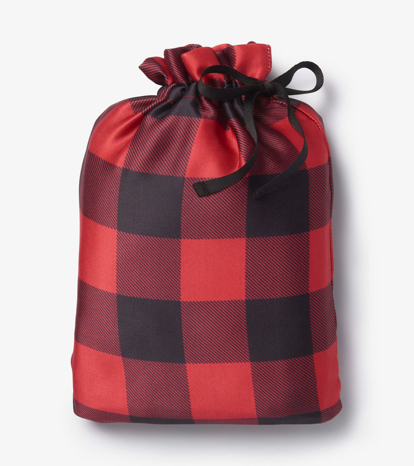 Red and black buffalo plaid reusable gift bag with a drawstring closure.