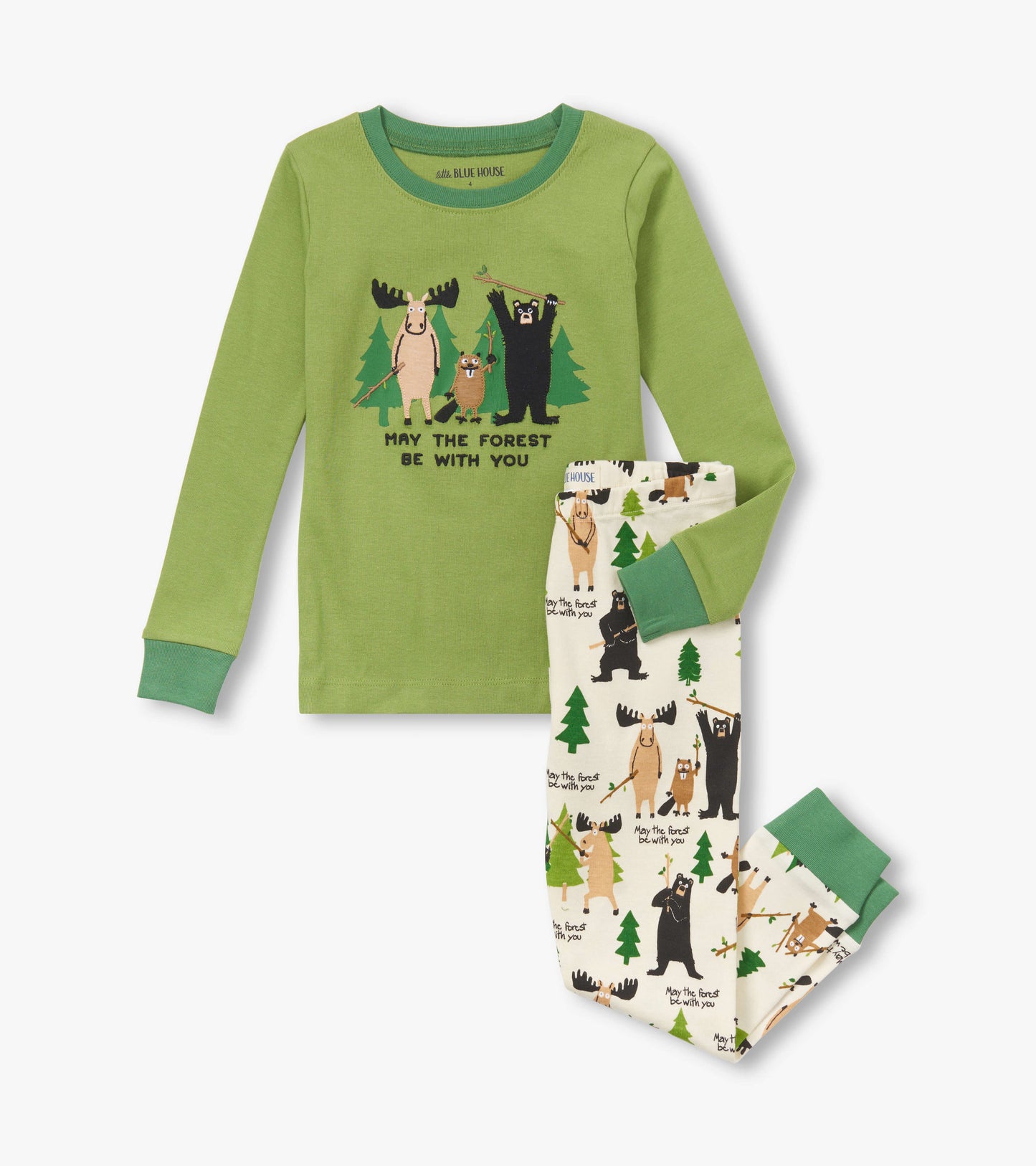 Green long-sleeve pajama top with animal graphic and matching cream pants featuring forest-themed print.