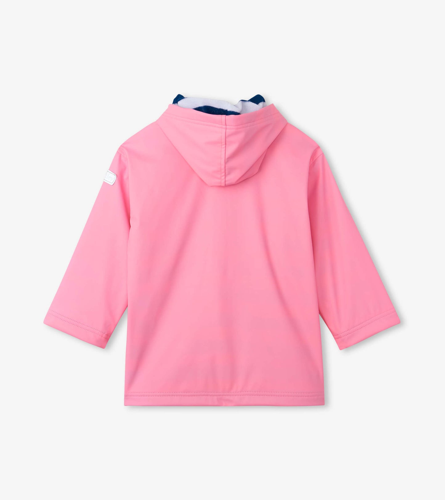 Classic pink zip-up rain jacket with a hood and long sleeves, featuring a smooth, water-resistant material.