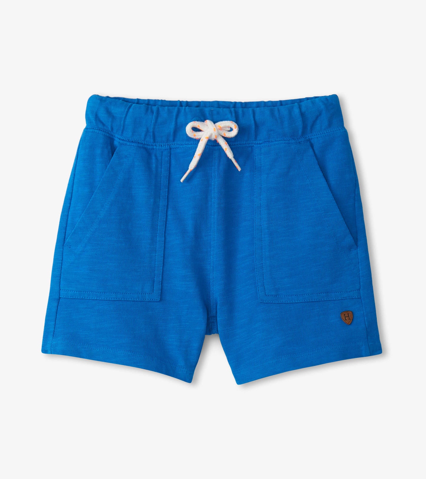 Deep blue relaxed shorts with an elastic waistband, drawstring, and two front pockets. Ideal for casual wear.