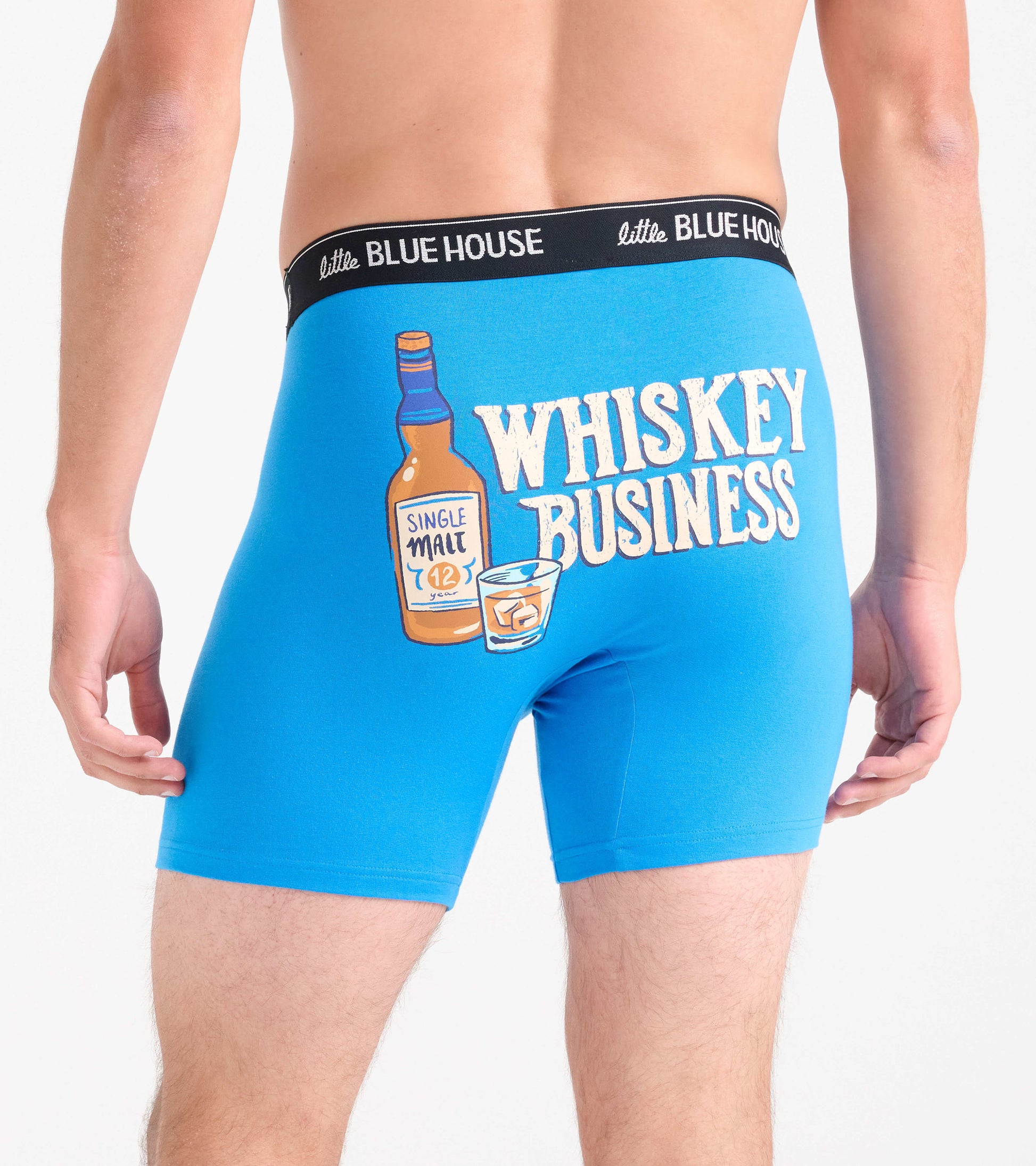 Blue boxer briefs featuring a whiskey bottle and glass graphic on the back.