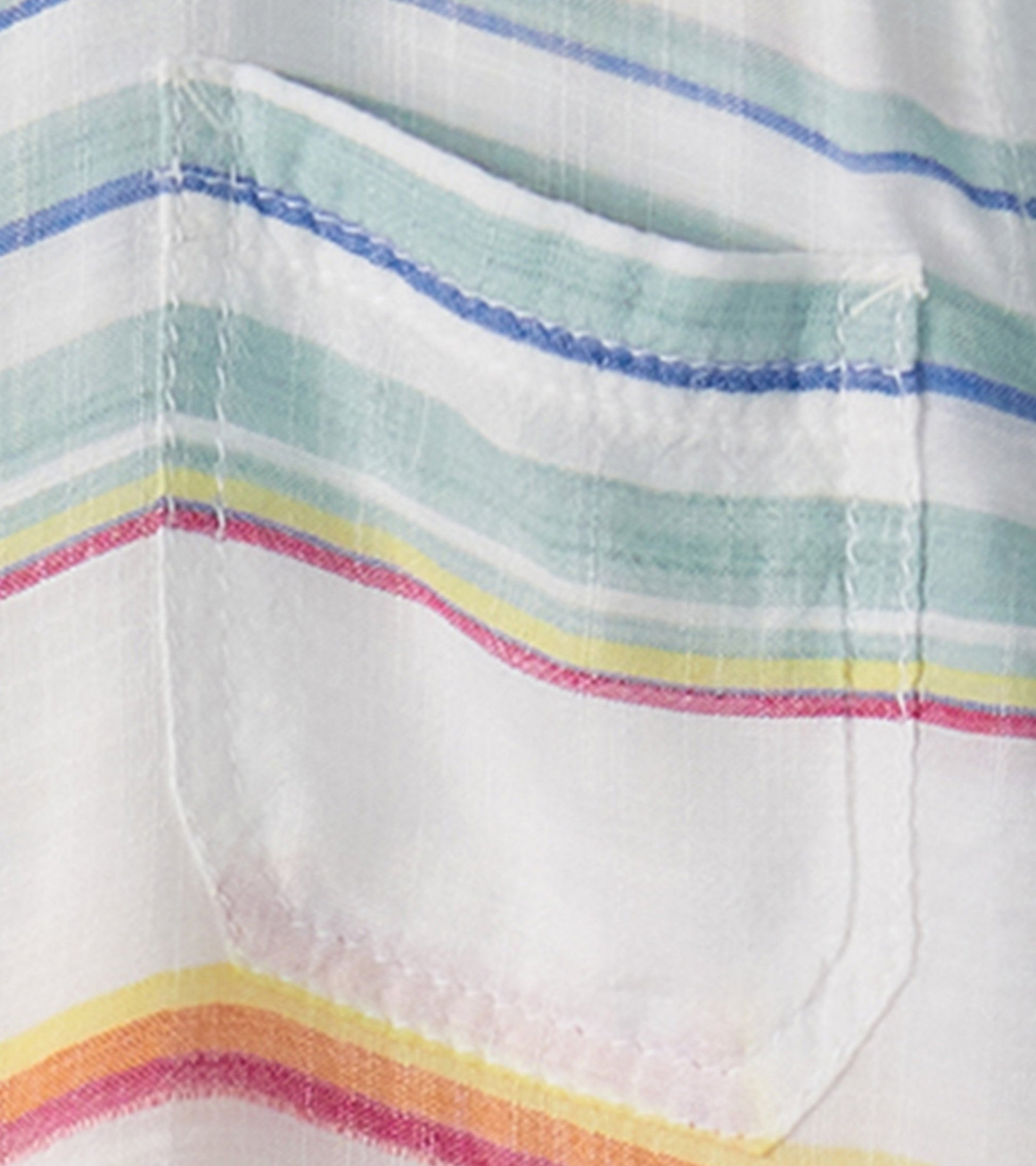 Short sleeve button-down shirt featuring colorful horizontal stripes and a chest pocket, made from lightweight fabric.