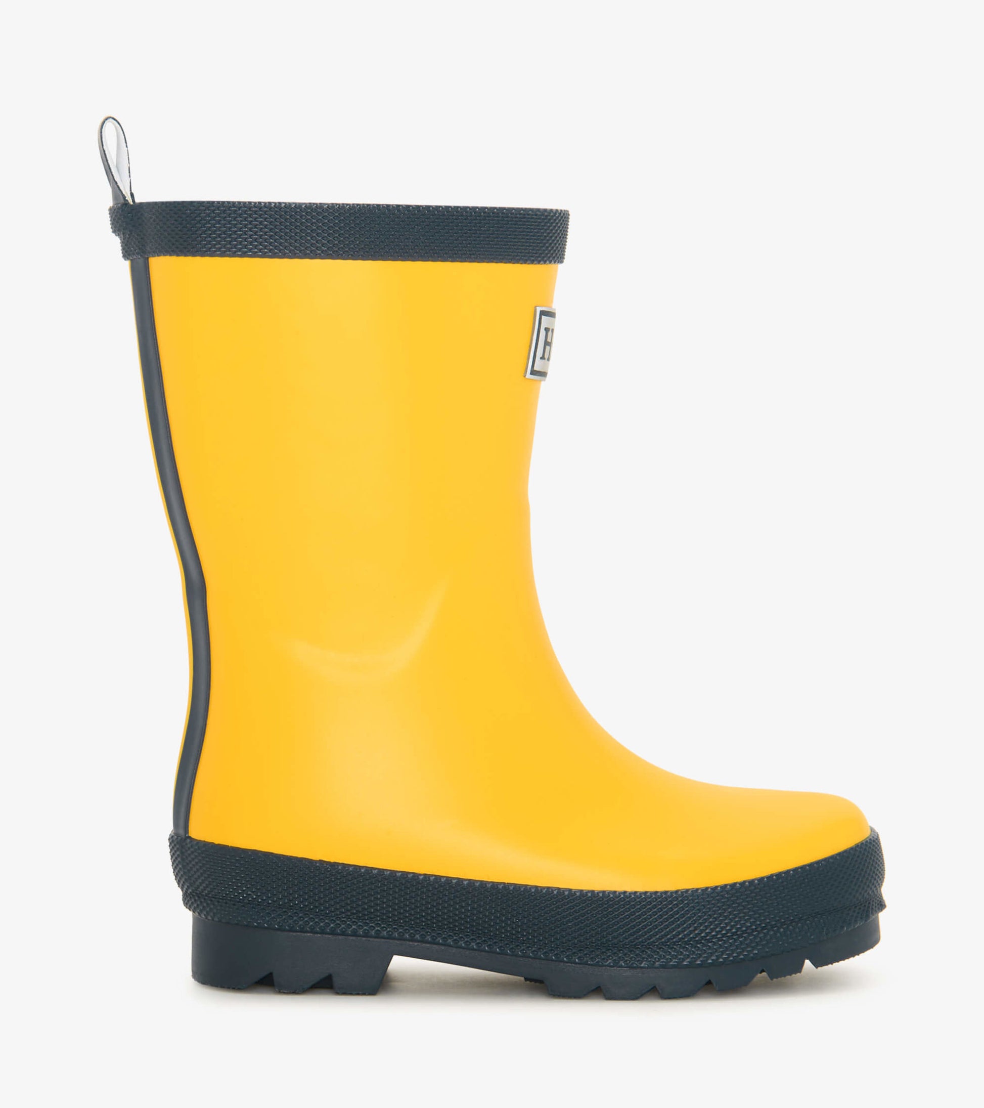 Yellow and navy matte rain boots with a textured sole and pull tab, designed for kids.