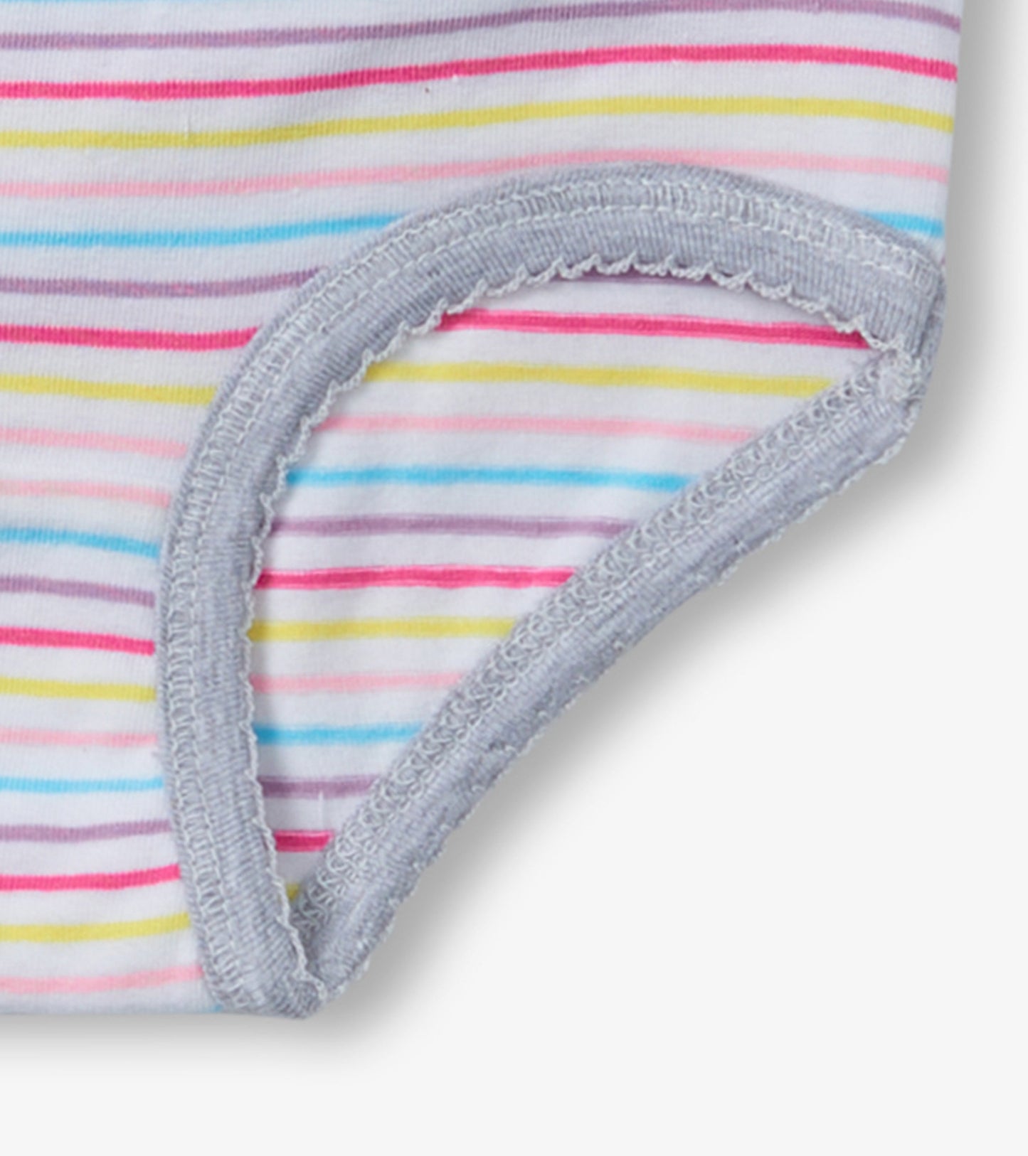 Colorful striped hipster underwear featuring pink, yellow, and blue stripes with a soft gray waistband.