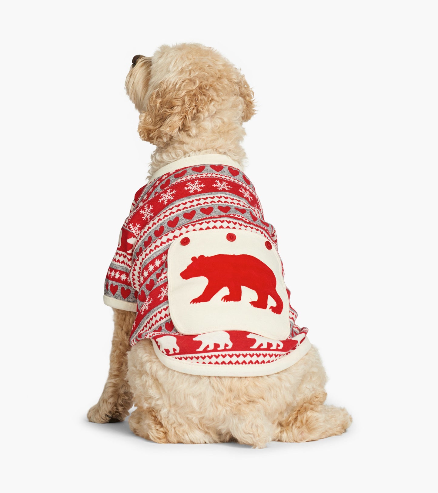 Red Fair Isle dog pajama featuring a bear design, snowflakes, and hearts, suitable for cozy wear.