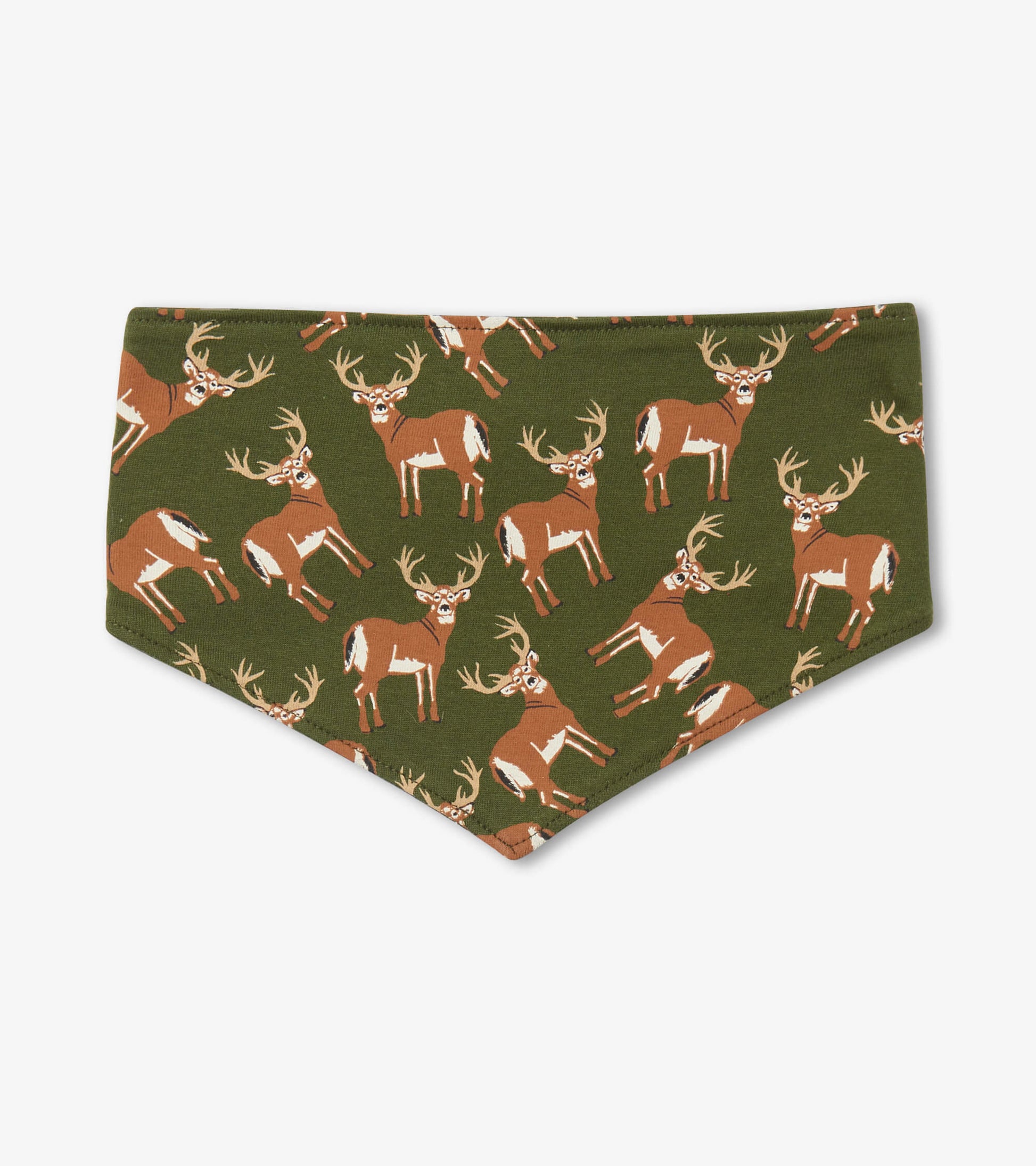 Reversible dog bandana in olive green featuring a playful deer print, suitable for small to extra-large dogs.