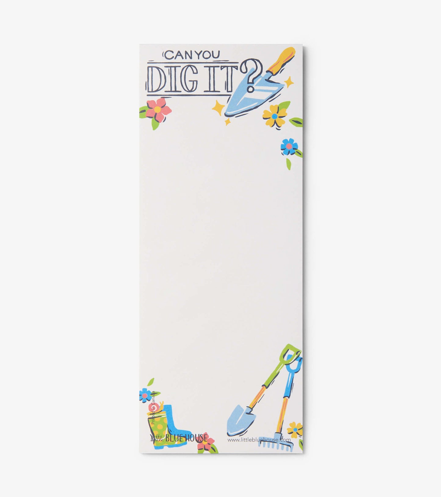 Magnetic notepad with colorful gardening tools and flowers, featuring the text "CAN YOU DIG IT?" at the top.