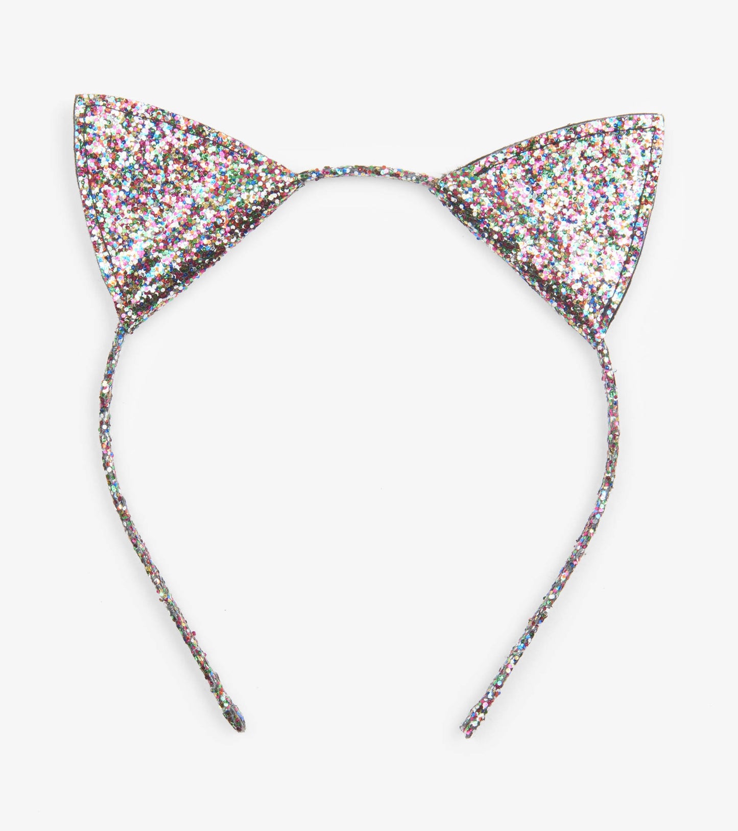 Glittery cat ears headband with a shiny, multicolored design, perfect for costume or playful wear.