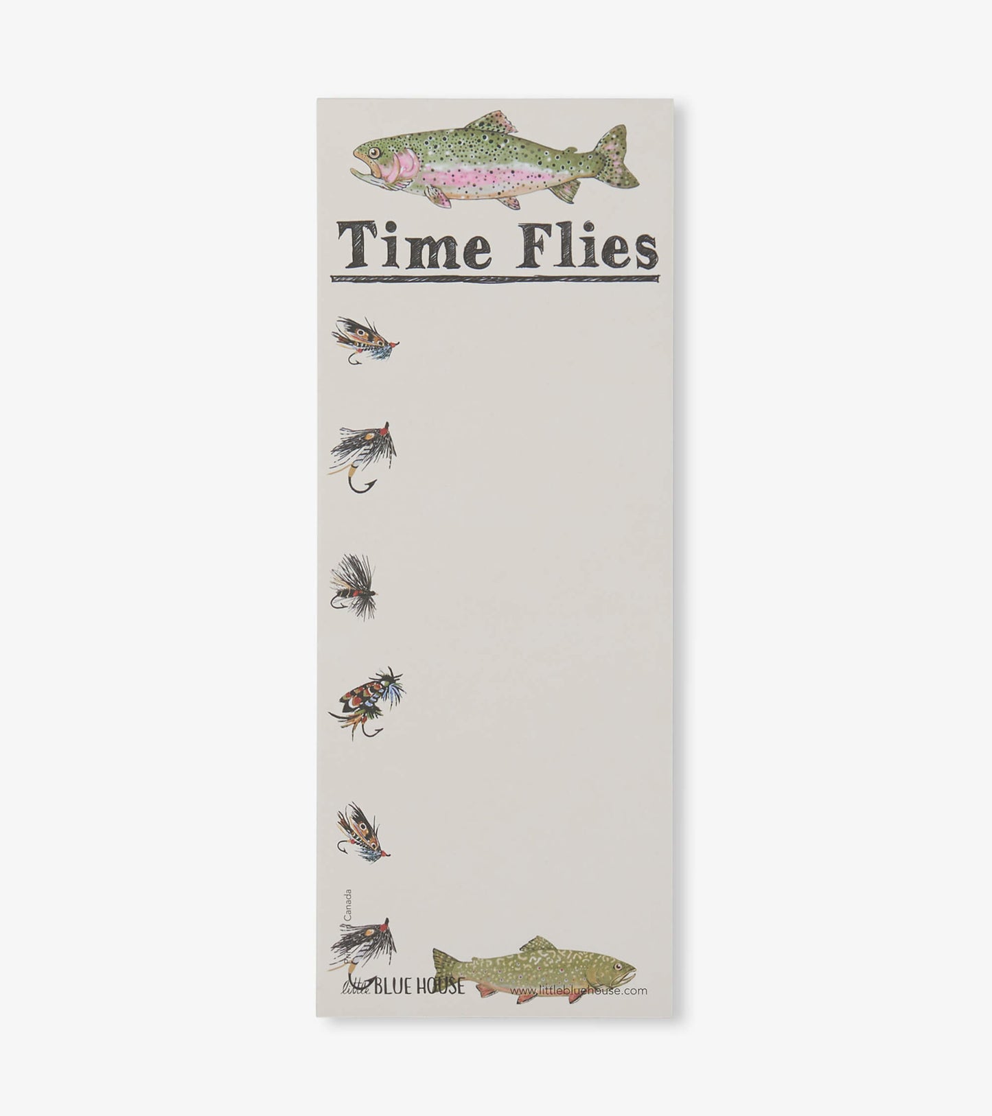 Magnetic list featuring a fish illustration and fishing flies, with space for notes on a light background.