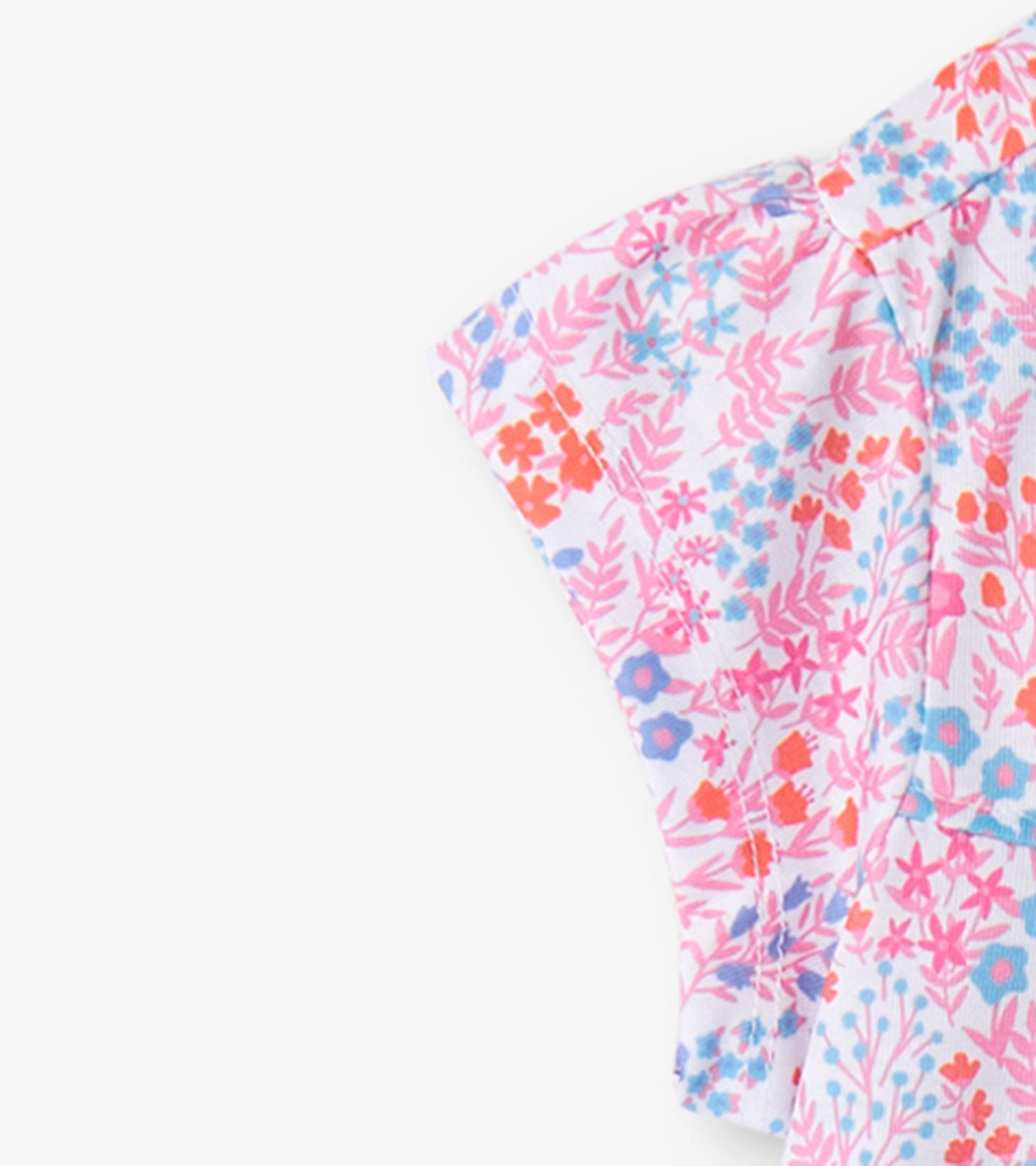 Short sleeve nightgown featuring a pink and blue ditsy floral pattern on a white background.