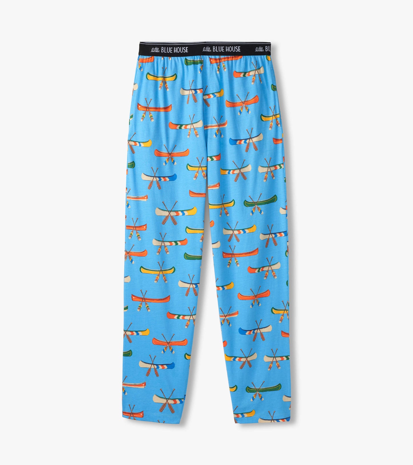 Light blue cotton pajama pants featuring a colorful canoe and paddle pattern, with an elastic waistband.