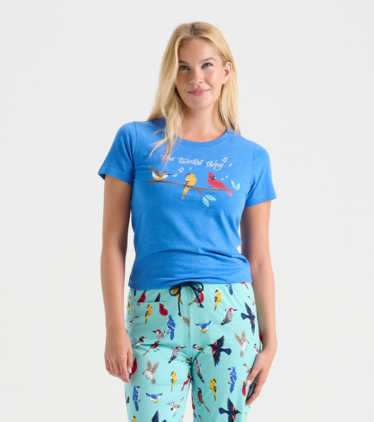 Blue short-sleeve pajama t-shirt featuring colorful bird graphics and a relaxed fit.