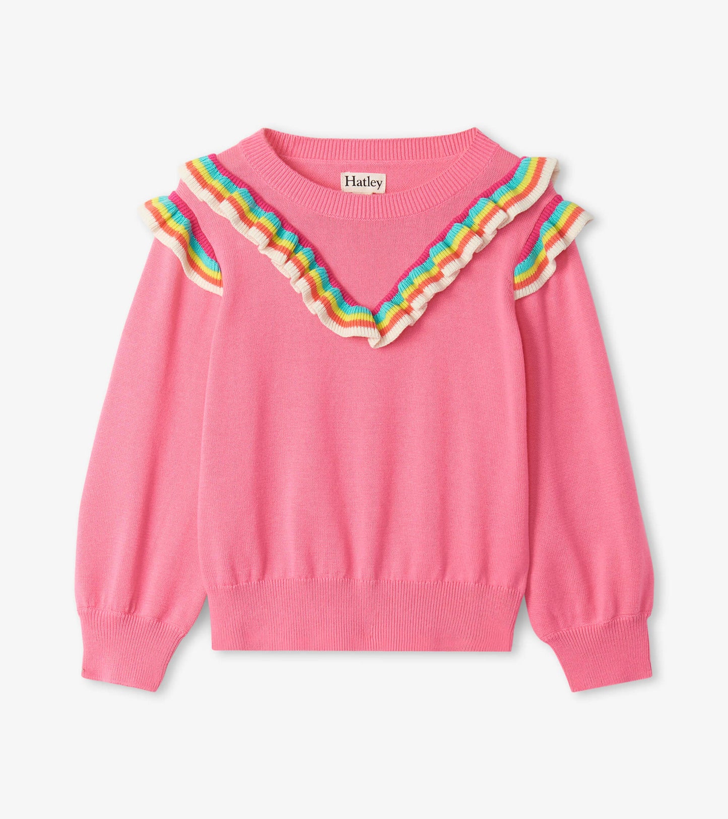 Pull à mancherons volantés – Rose et arcs-en-ciel