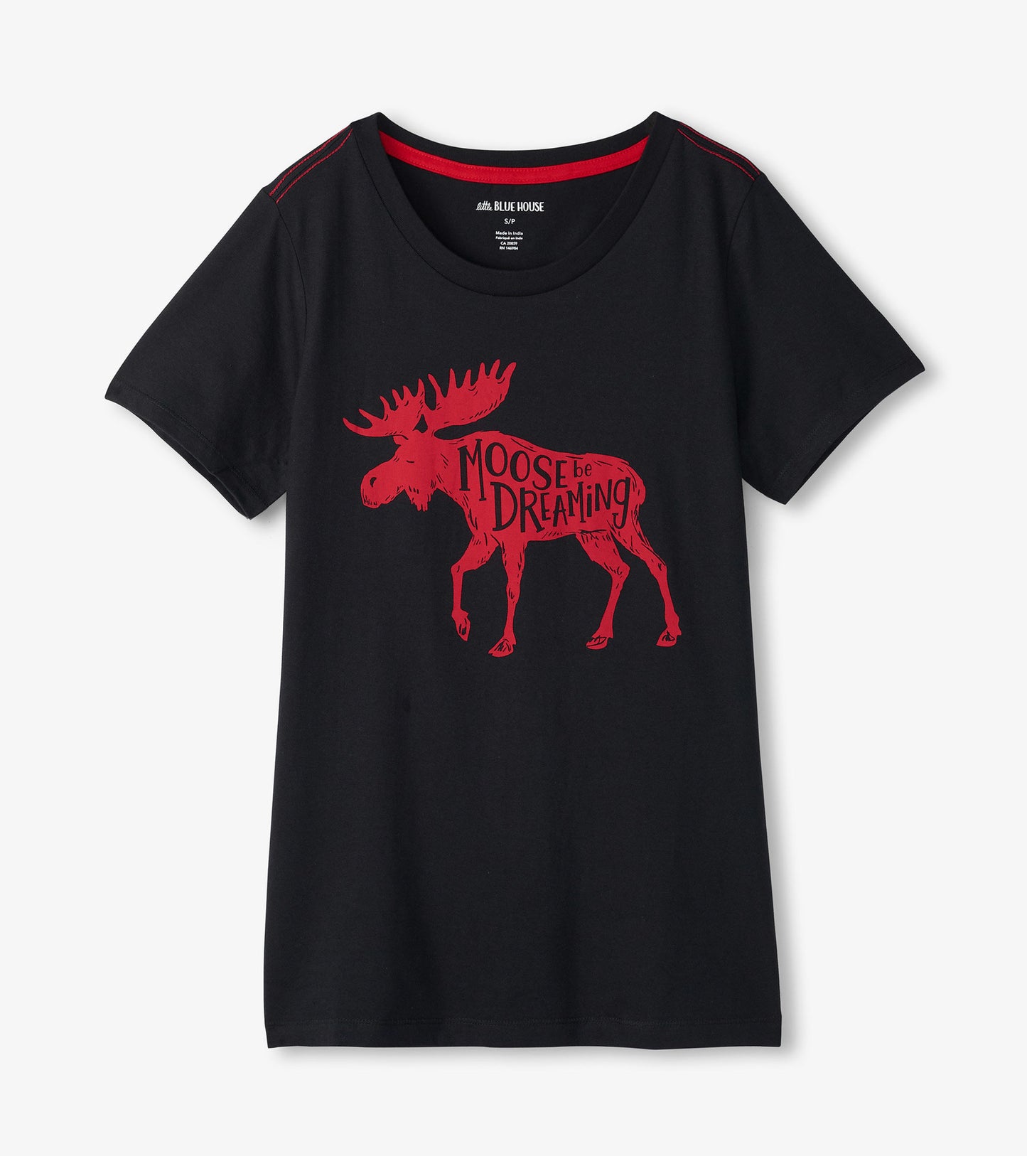 Black pajama t-shirt featuring a red moose graphic with the text "Moose be Dreaming." Short sleeves and round neckline.