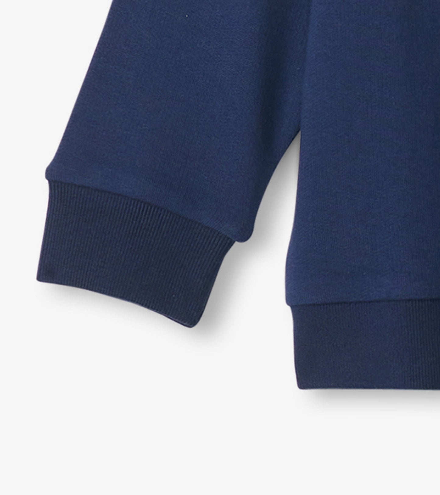 Navy pullover sweatshirt with ribbed cuffs, featuring a dinosaur design, suitable for boys aged 2 to 12.
