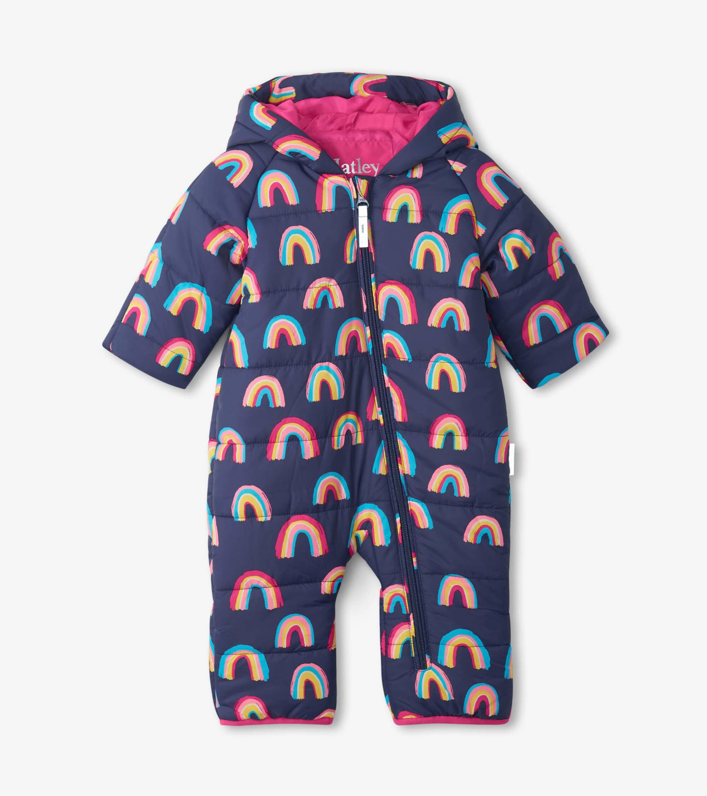 Navy baby snowsuit with colorful rainbow patterns, featuring a hood and front zipper, suitable for cold weather.