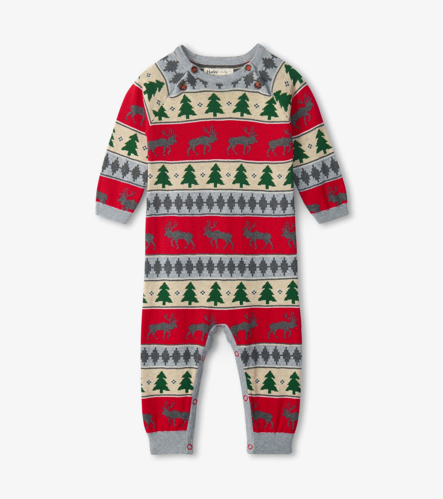 Red and gray Fair Isle baby romper featuring moose and trees, with long sleeves and snap closures at the bottom.