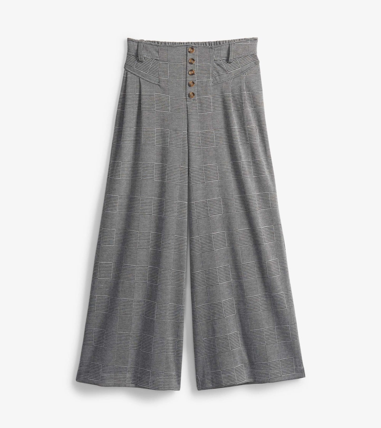 Wide leg pants in houndstooth pattern, featuring a high waist and button closure, displayed from the front.