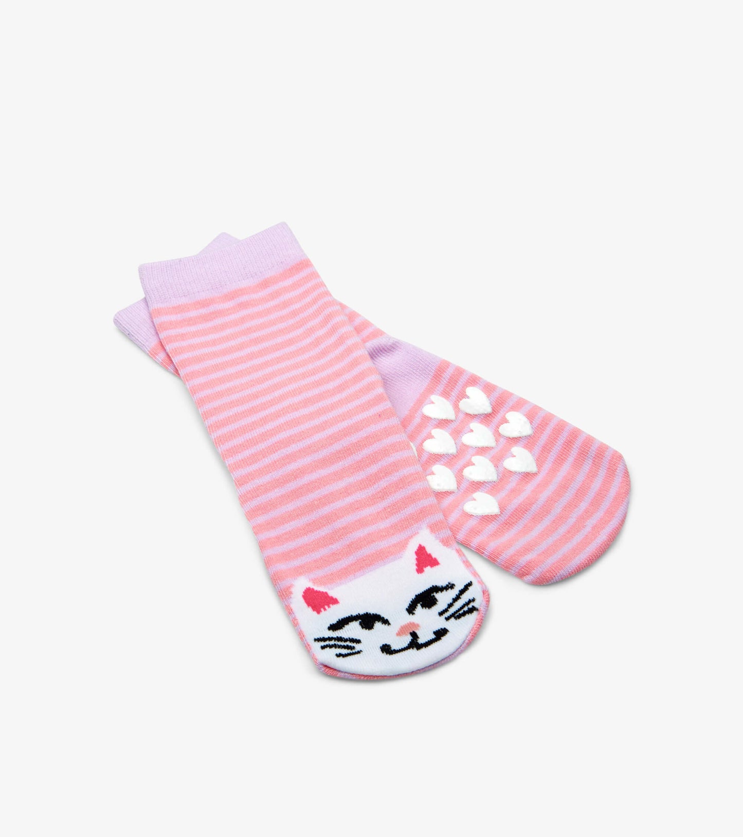 Pink striped kids' socks featuring a cat face design and heart patterns on the soles. Suitable for ages 2-7.