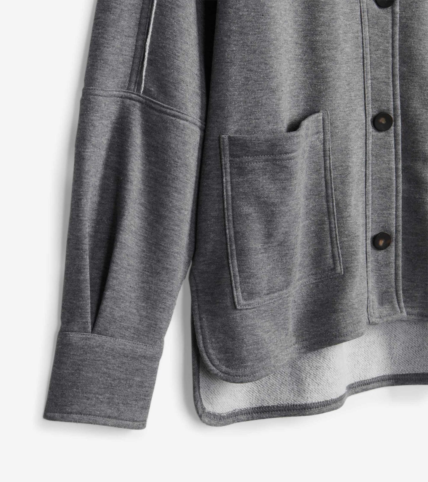 Charcoal melange relaxed blazer with a button front, side pockets, and a soft, textured fabric.