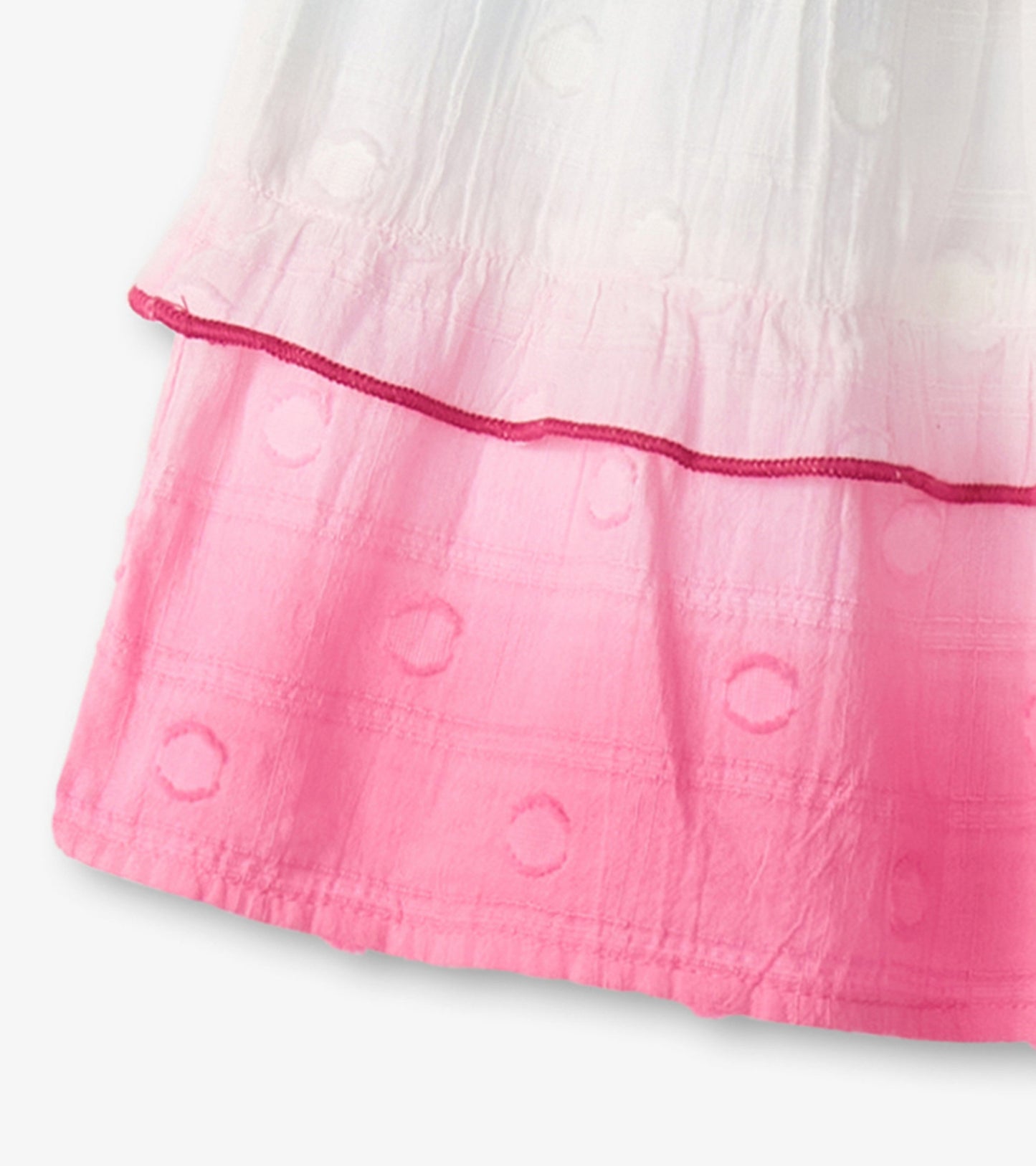 Tiered skirt featuring a gradient from white to pink with textured dots and a pink hem, perfect for summer wear.