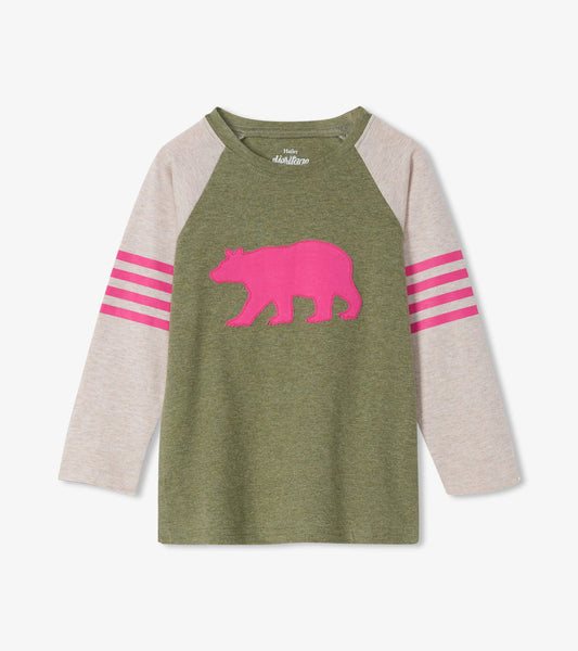 Forest green long sleeve raglan tee with pink bear graphic and striped sleeves. Suitable for kids.