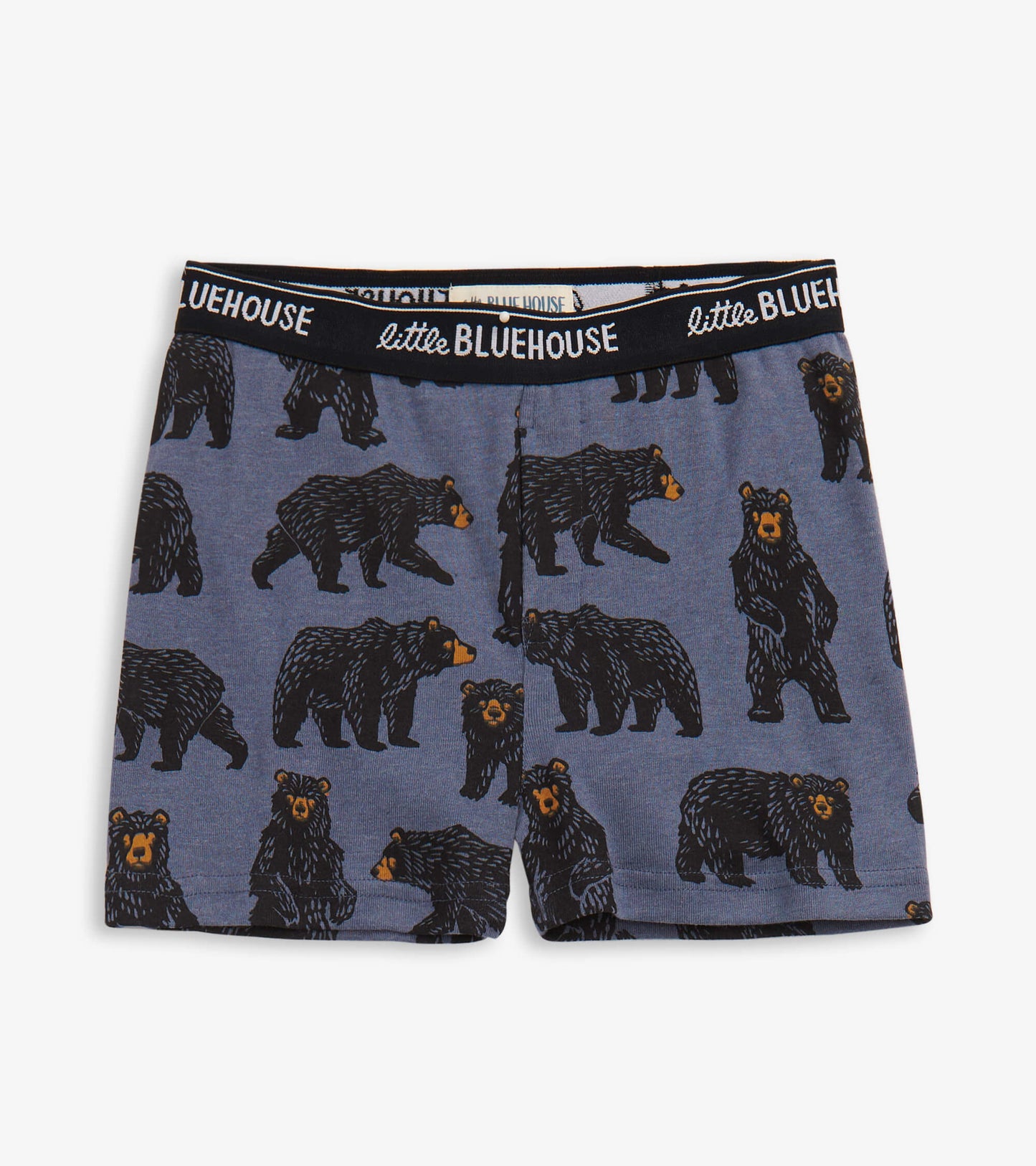 Blue boxer briefs featuring a playful bear pattern, with a black elastic waistband.