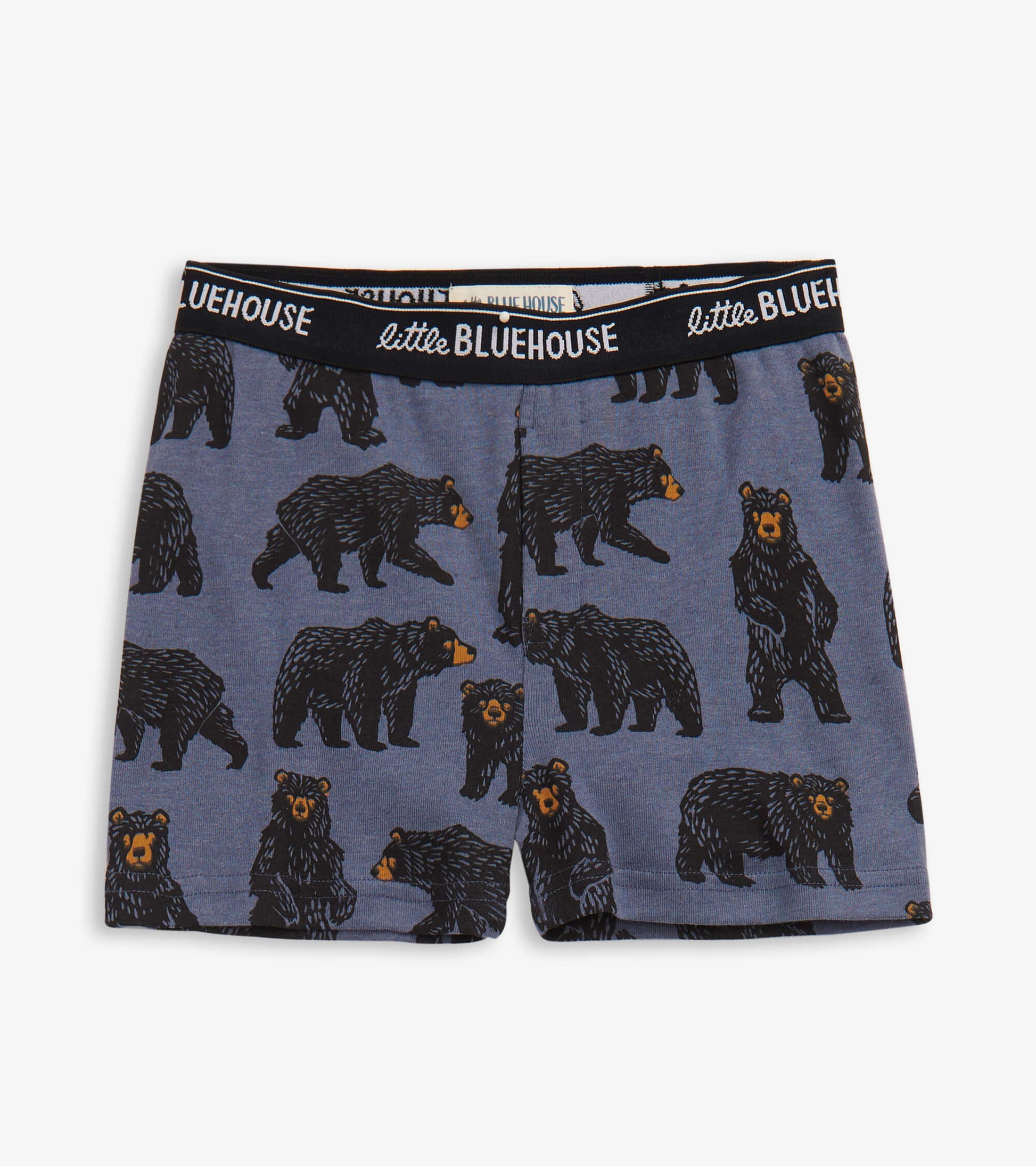Blue boxer briefs featuring a playful bear pattern, with a black elastic waistband.