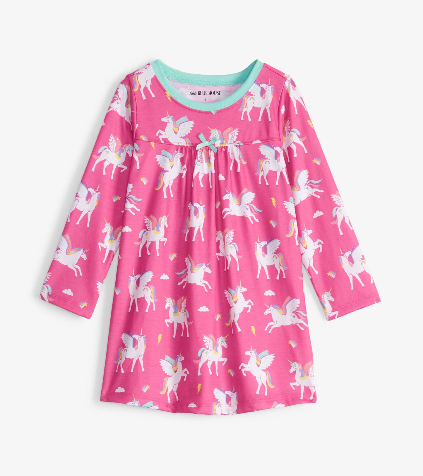 Pink long-sleeve nightdress featuring a whimsical unicorn print with clouds and rainbows.