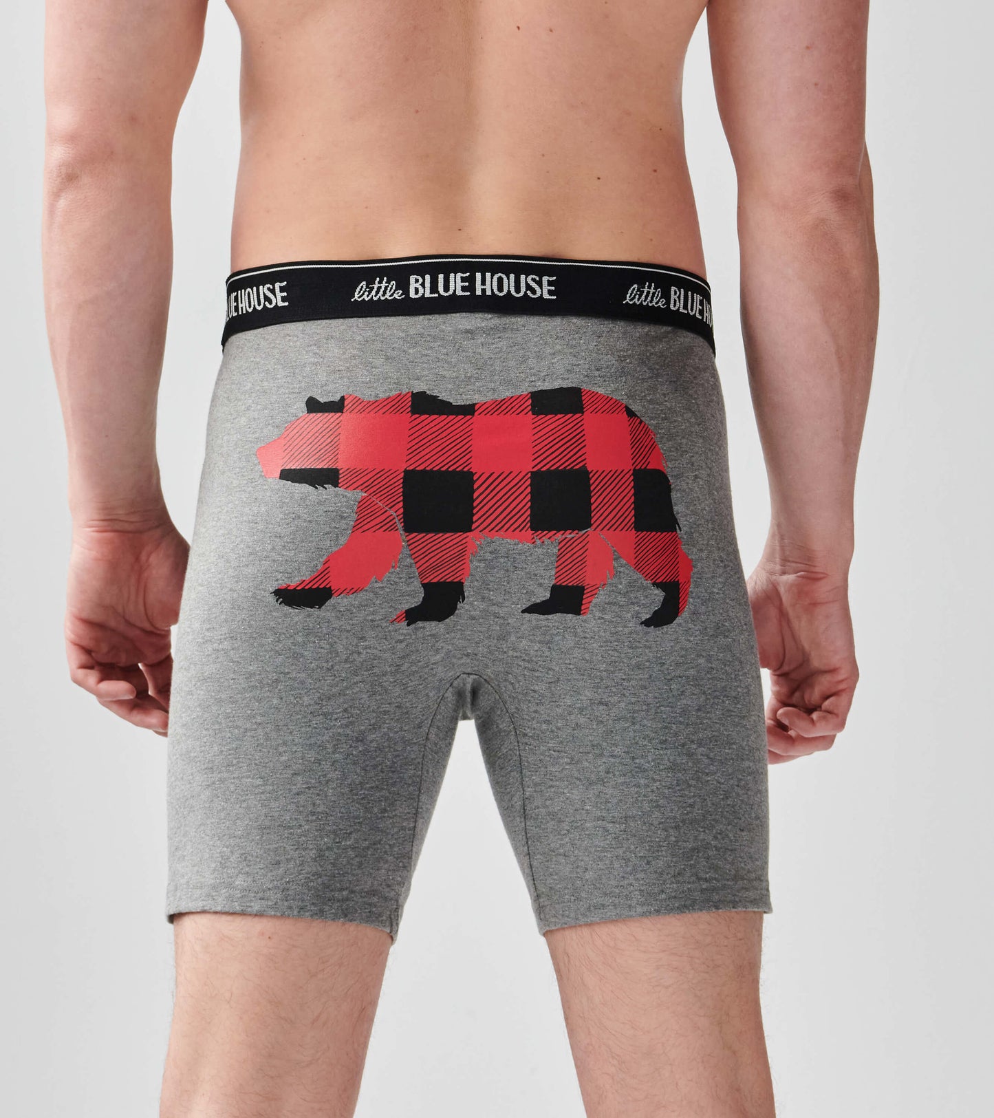 Gray boxer briefs featuring a large red plaid bear graphic on the back and a black waistband.