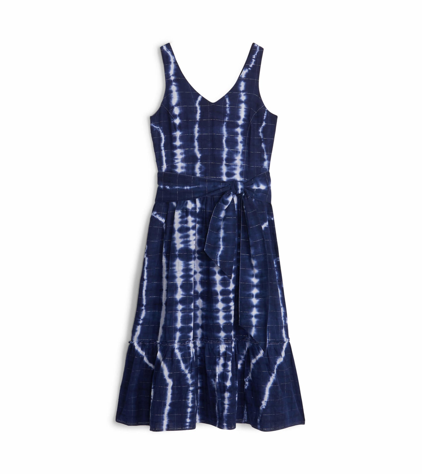 Navy blue midi dress with a windowpane pattern, v-neck, and a tie belt at the waist, featuring a flared hem.