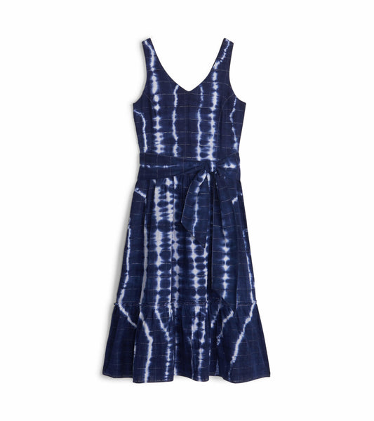 Navy blue midi dress with a windowpane pattern, v-neck, and a tie belt at the waist, featuring a flared hem.