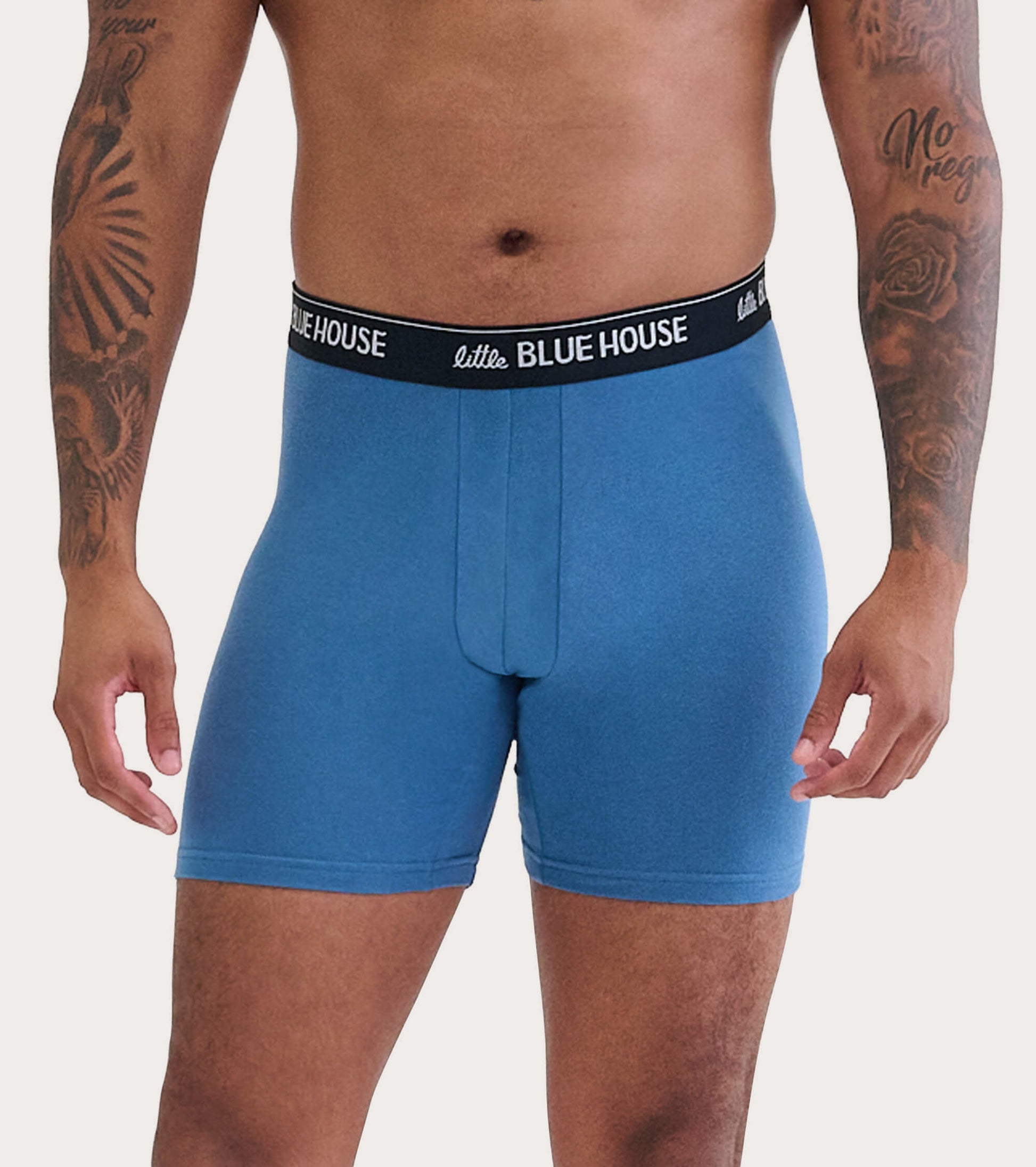 Blue men's boxer briefs with a snug fit and a black waistband, displayed from the front.
