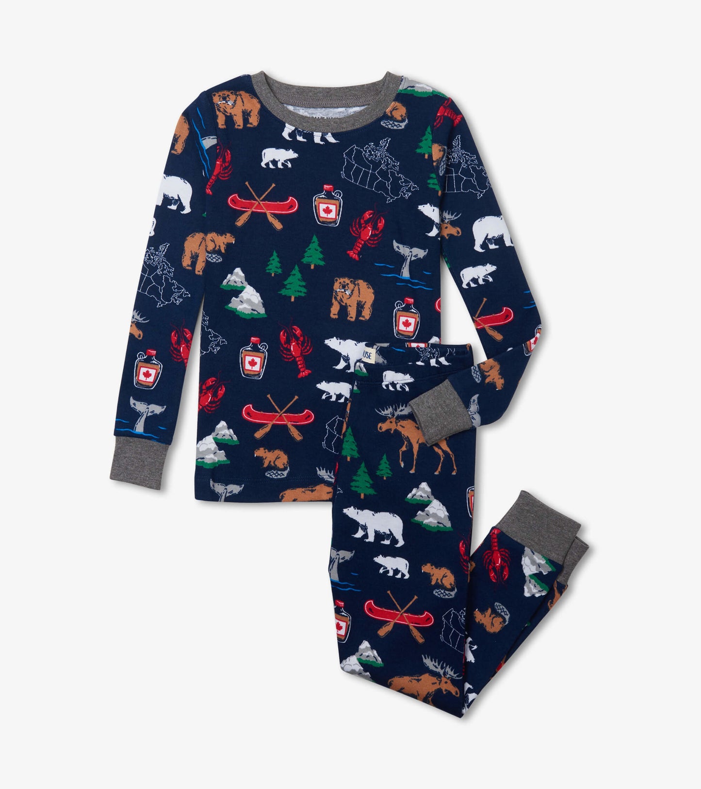 Navy pajama set featuring playful animal and nature patterns, with gray cuffs and a comfortable fit for kids.