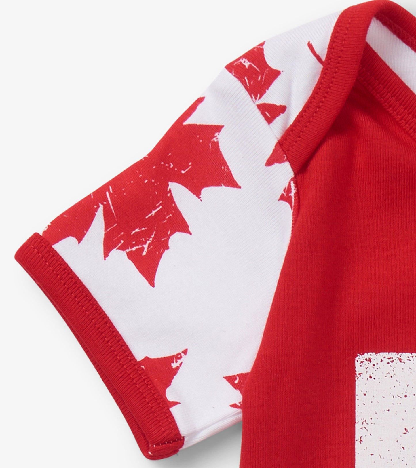Red baby bodysuit with white sleeves featuring a maple leaf pattern, designed for infants aged 3-24 months.