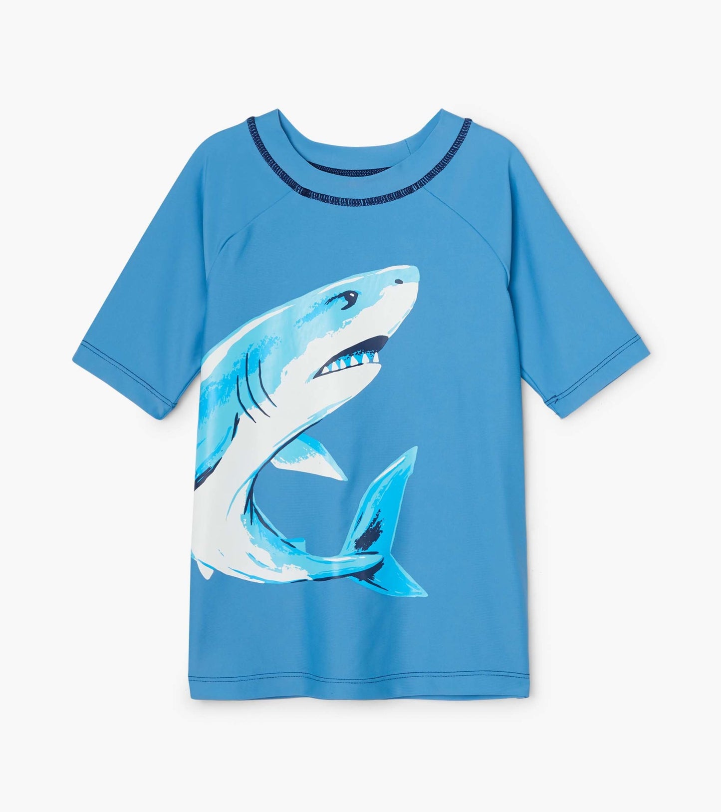 Blue short sleeve rashguard featuring a large shark graphic on the front, made from lightweight, quick-drying material.