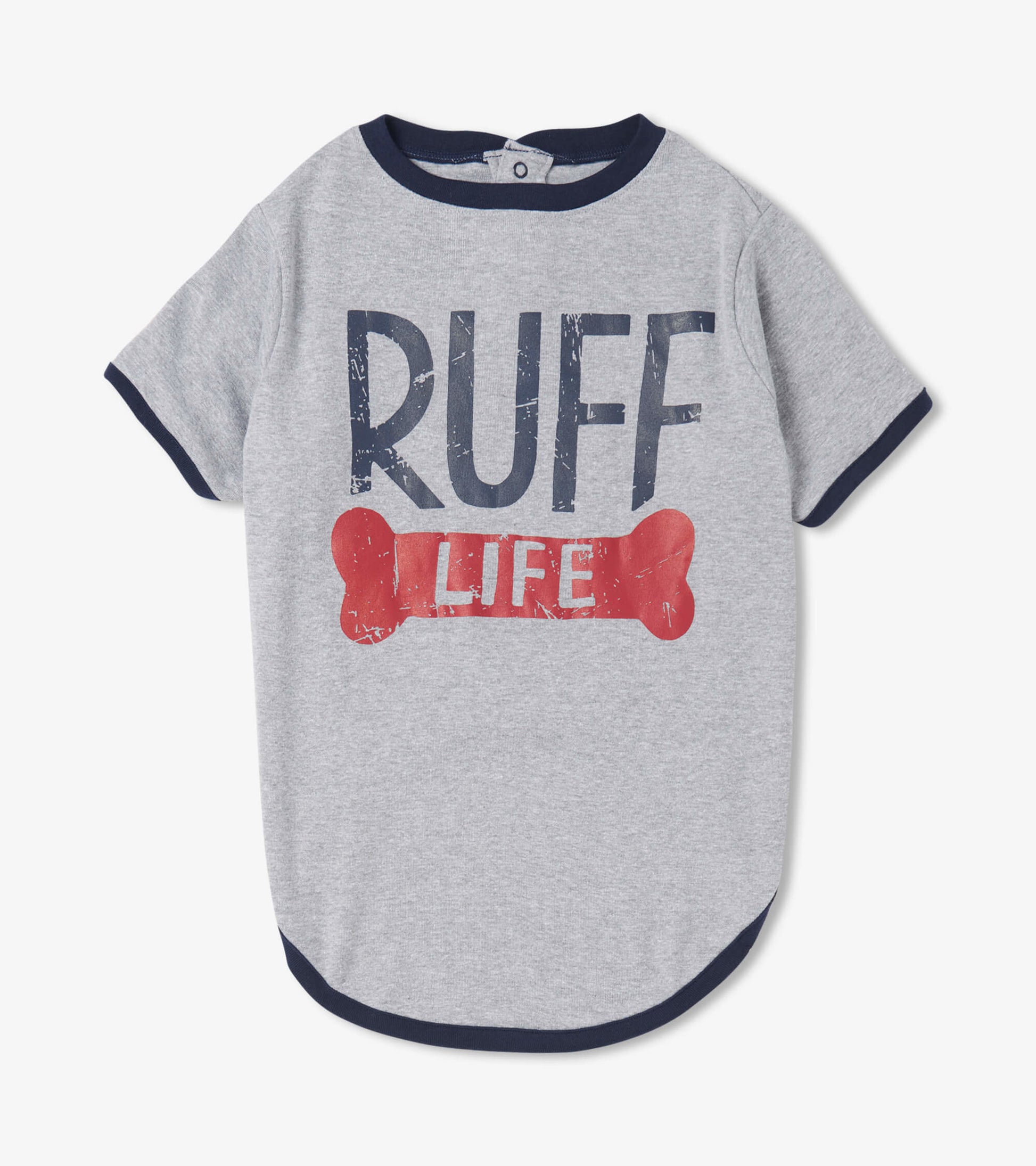 Gray dog tee featuring "RUFF LIFE" text and a red bone graphic, with navy trim and a rounded hem.