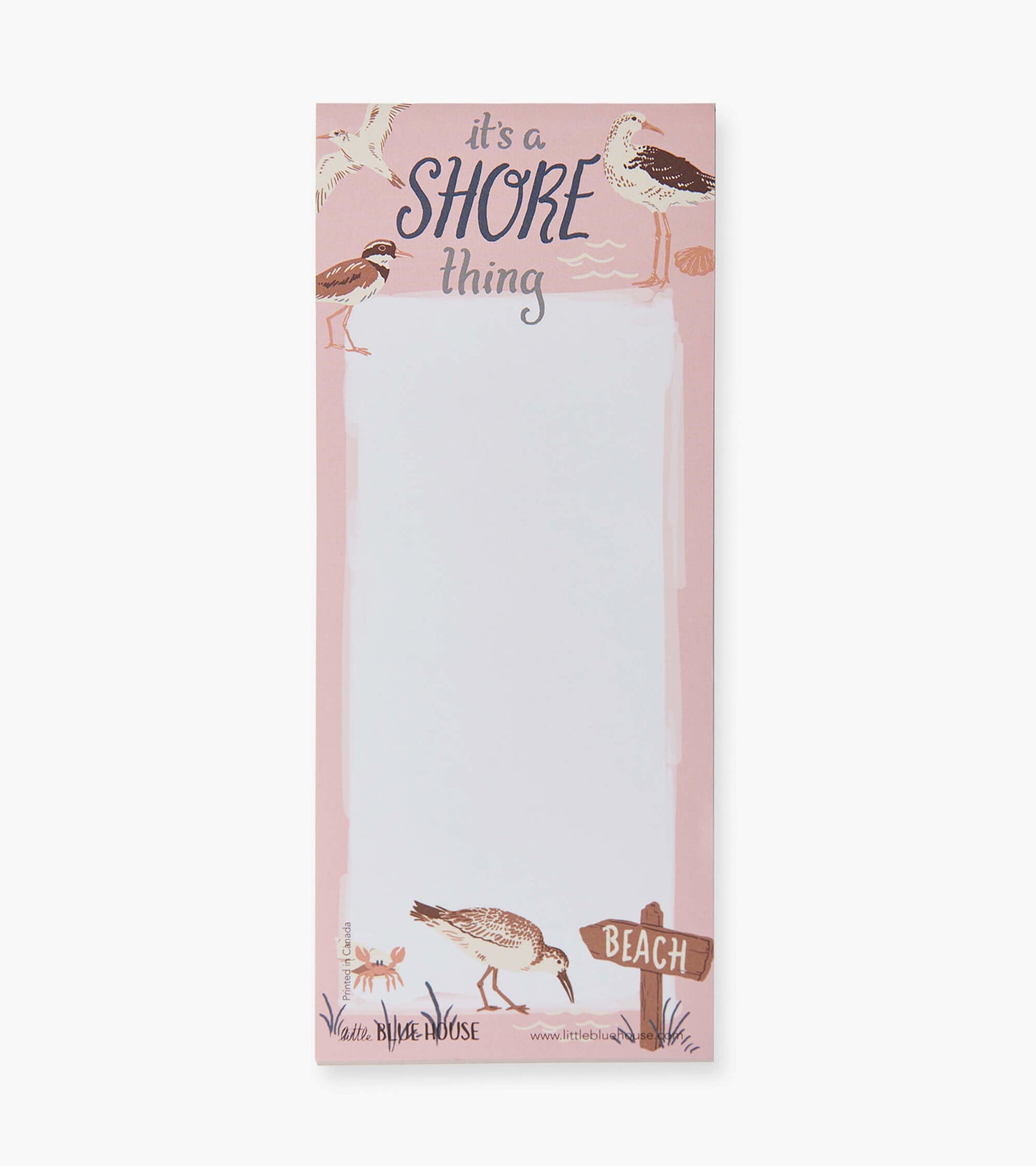 Magnetic notepad with a pink background, featuring beach-themed illustrations and a blank writing area.