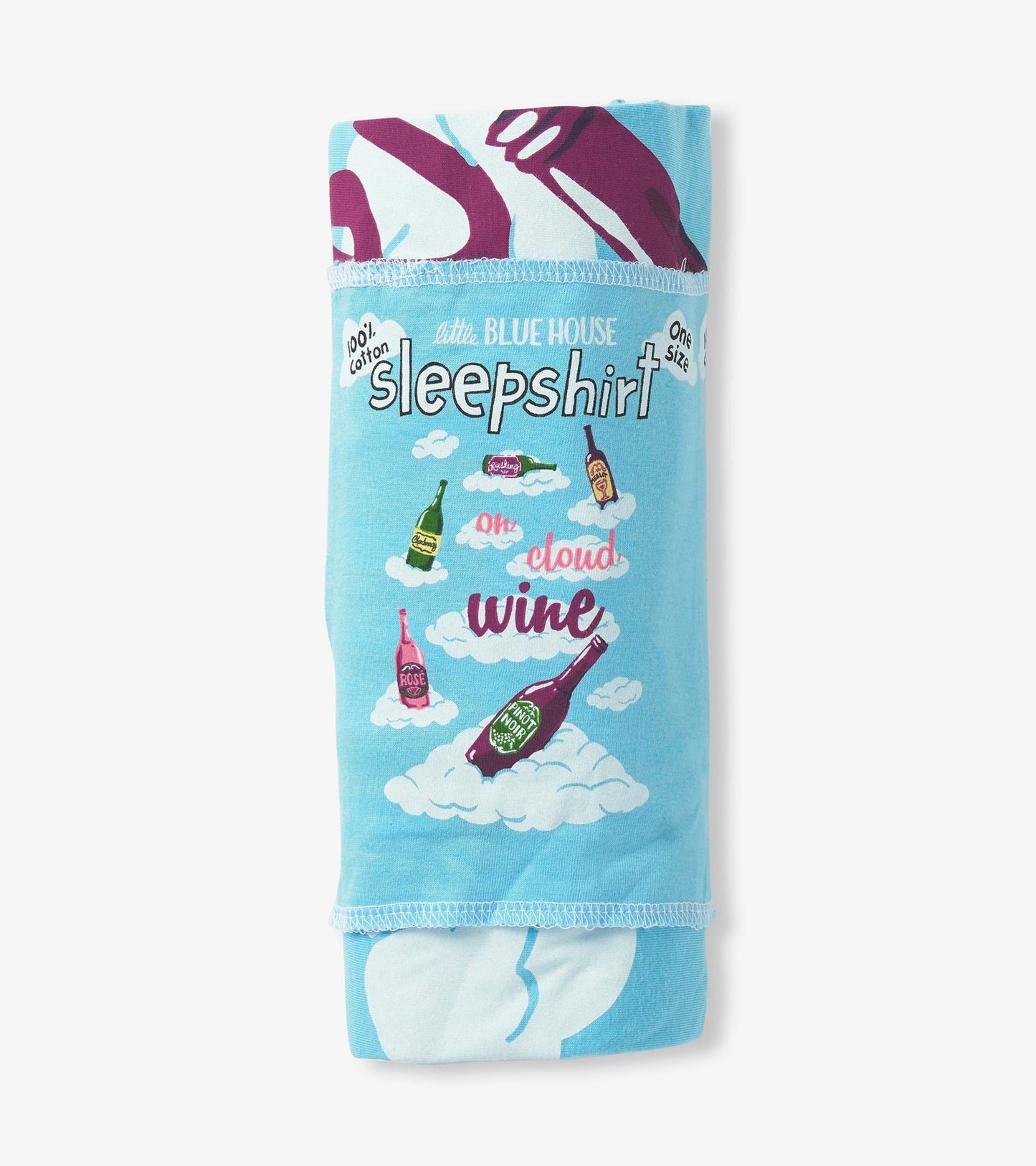 Light blue cotton sleepshirt featuring colorful wine bottle graphics and playful text, folded neatly.