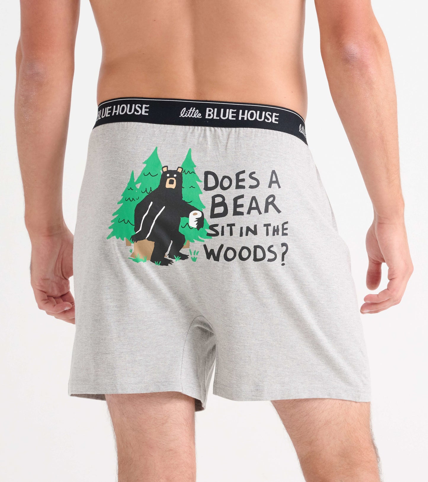 Gray men's boxer shorts featuring a bear graphic and text, with an elastic waistband.