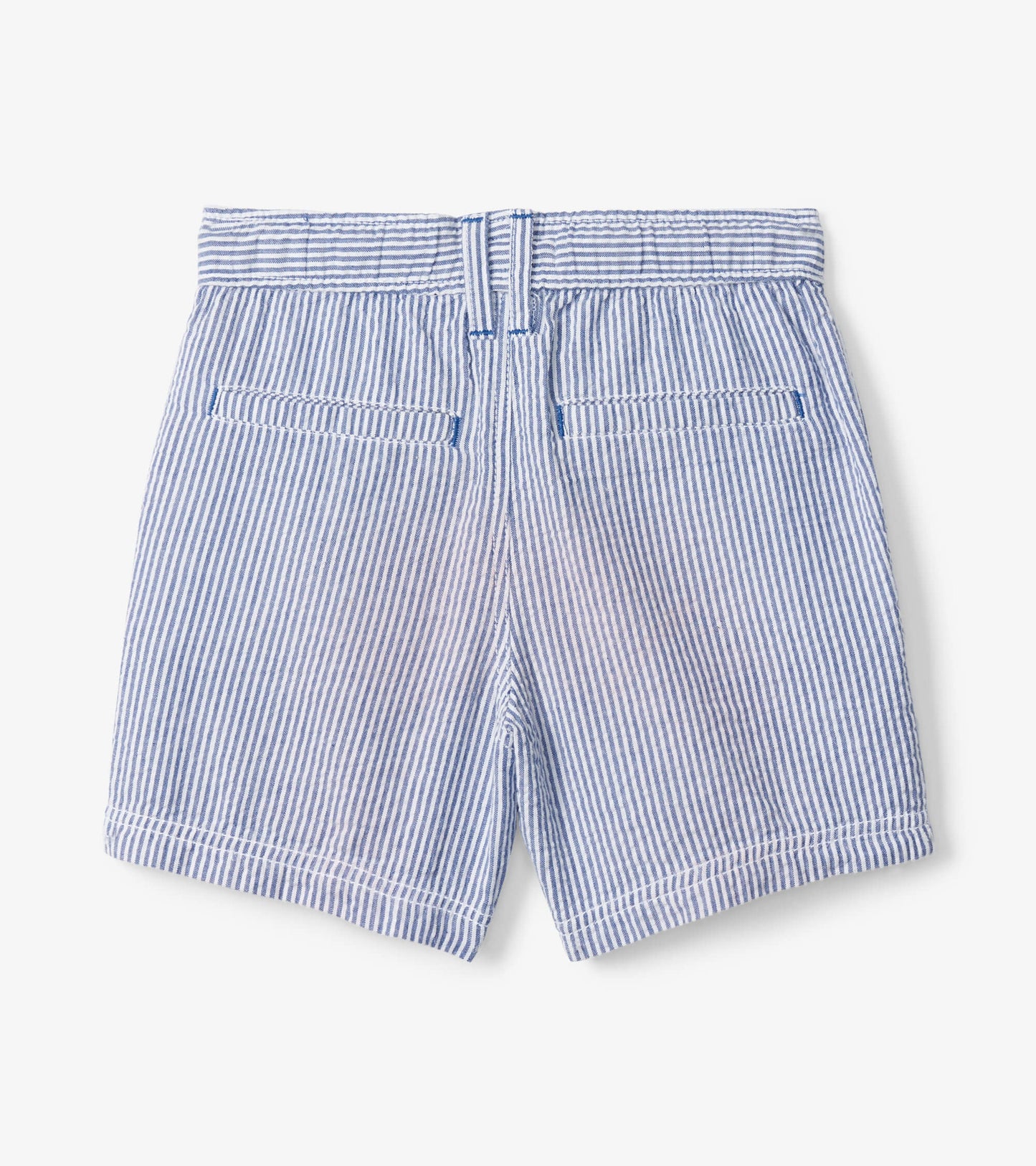 Blue and white striped woven shorts with an elastic waistband and two back pockets.