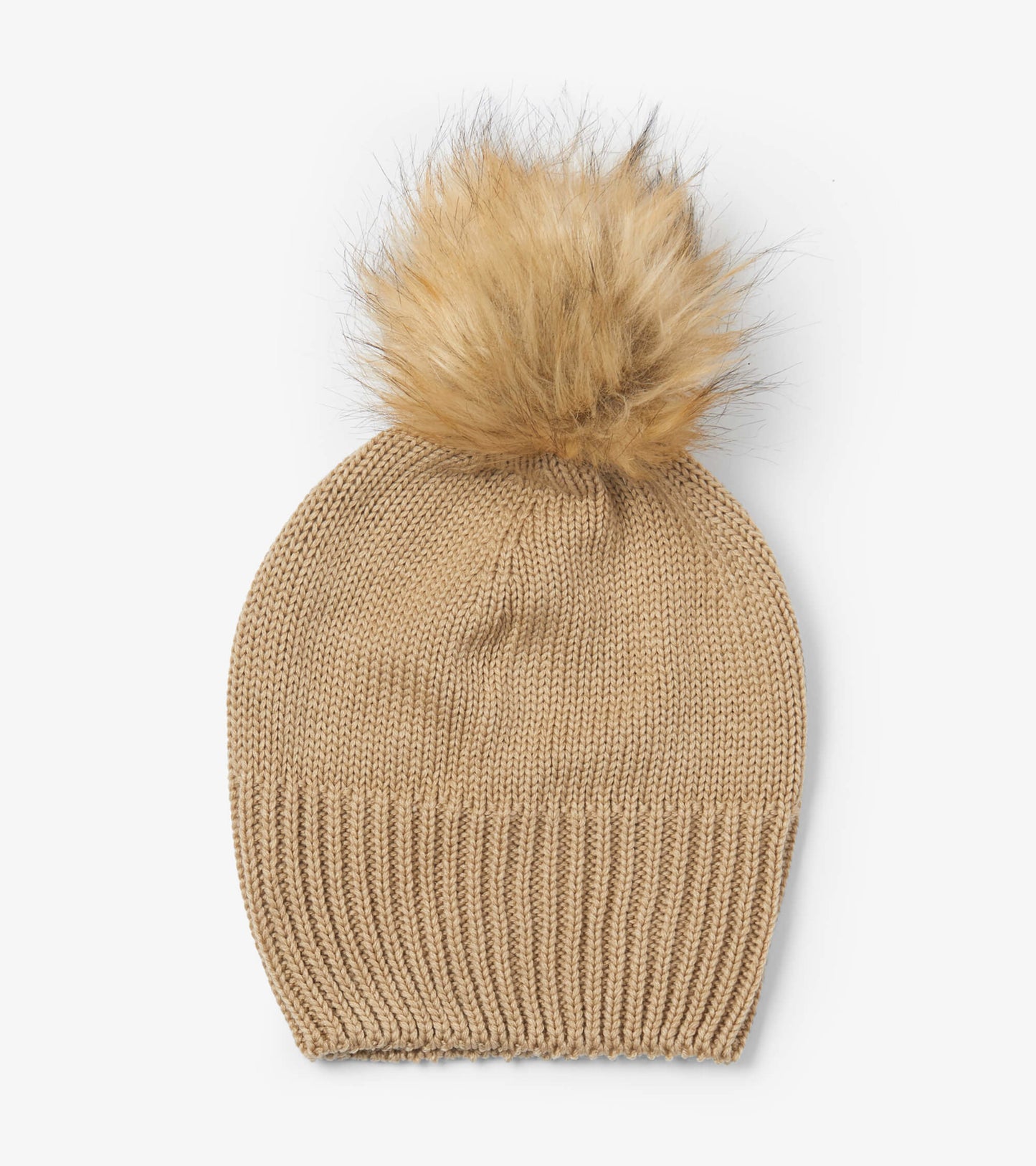 Tan knit winter hat with a fluffy pom pom on top, designed for warmth and style. One size fits all.