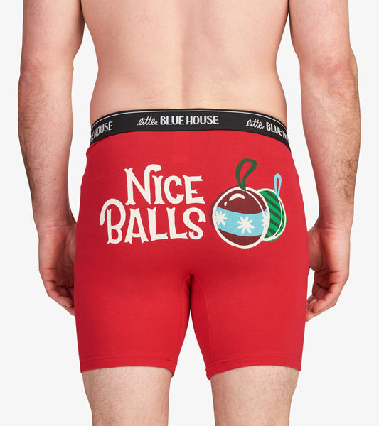 Red boxers featuring a playful "Nice Balls" graphic and ornament design on the back, with a black waistband.