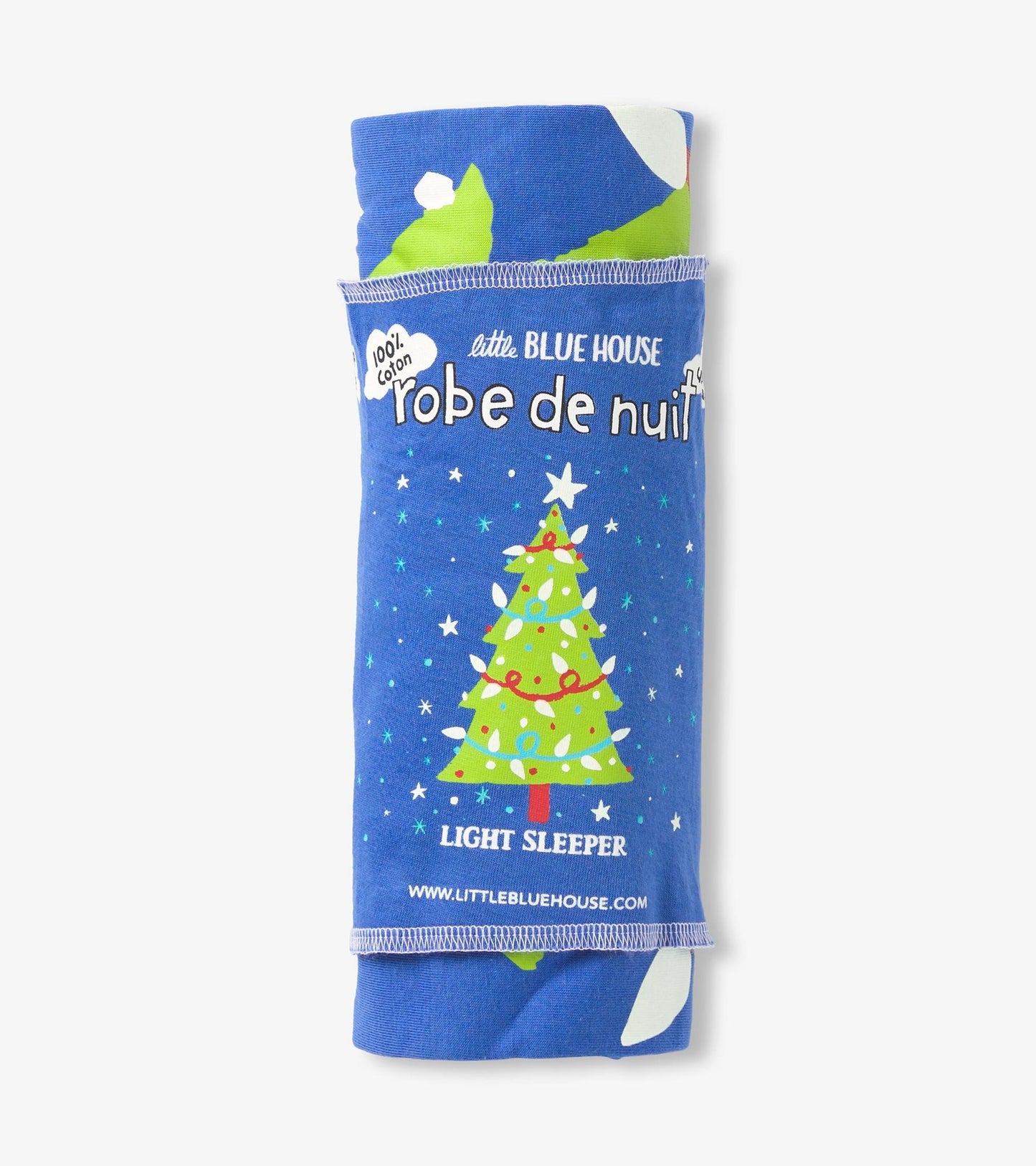 Blue cotton sleepshirt featuring a festive Christmas tree design with stars and lights, rolled for display.