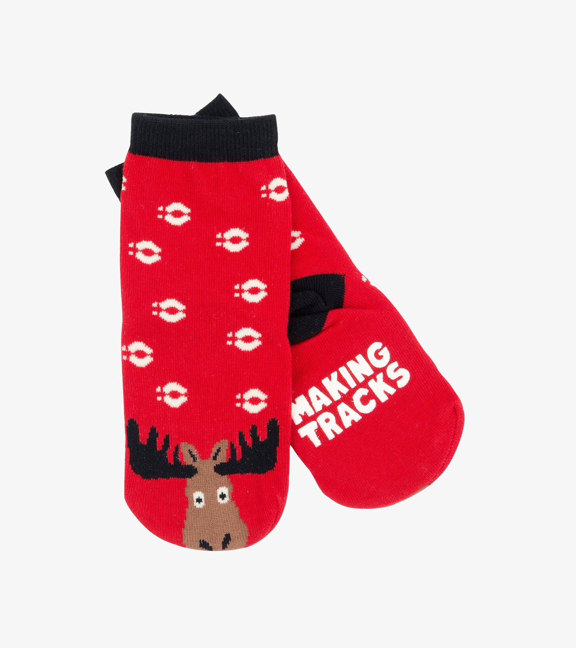 Red kids' socks featuring a moose design and paw print pattern, suitable for ages 2-7.