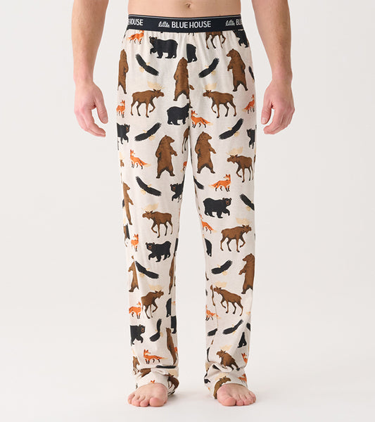 Men's cotton blend pajama pants featuring a wildlife pattern with bears, moose, and foxes on a cream background.