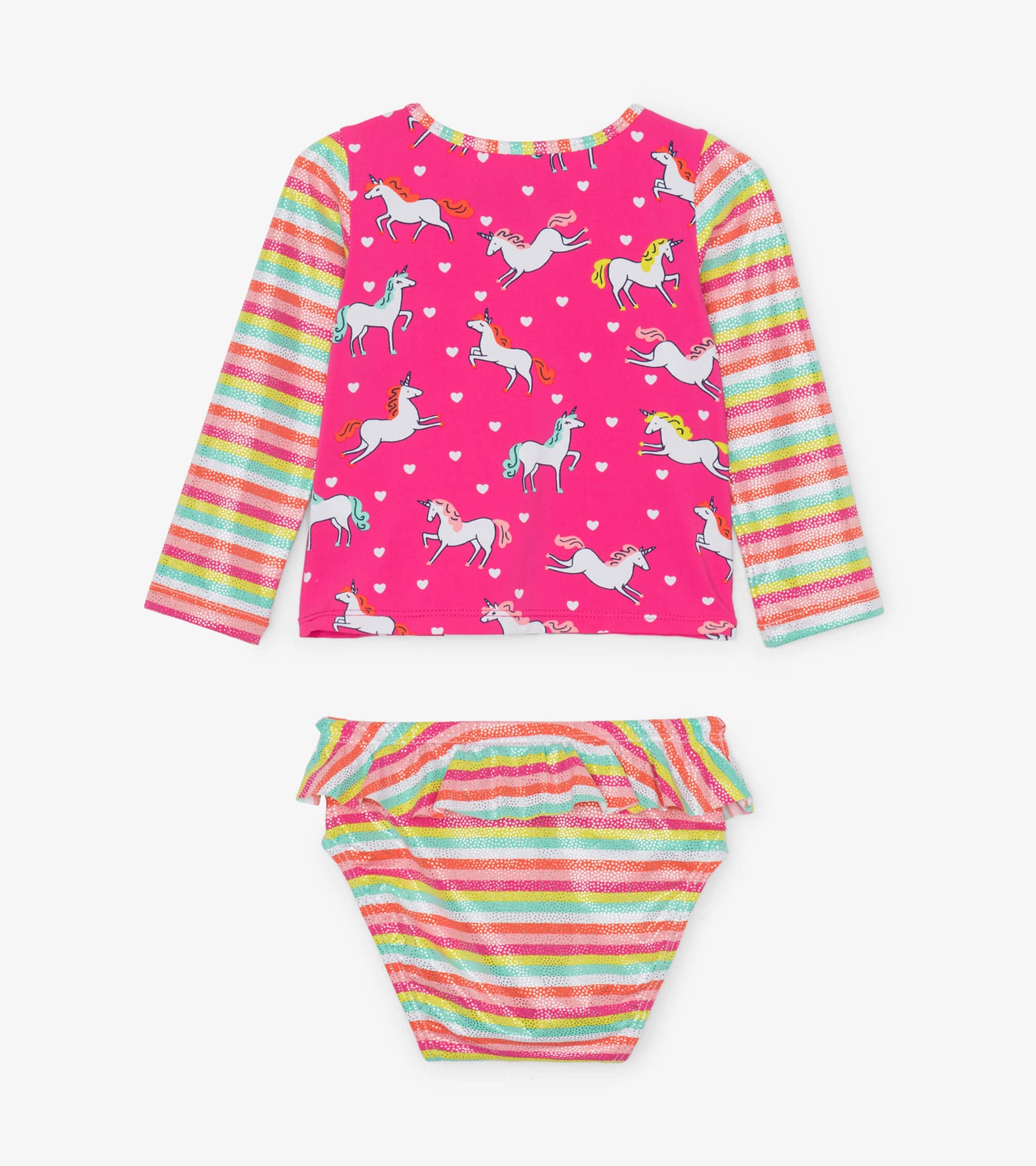 Long-sleeve pink rashguard with unicorn print and striped bottoms featuring ruffles, suitable for babies.