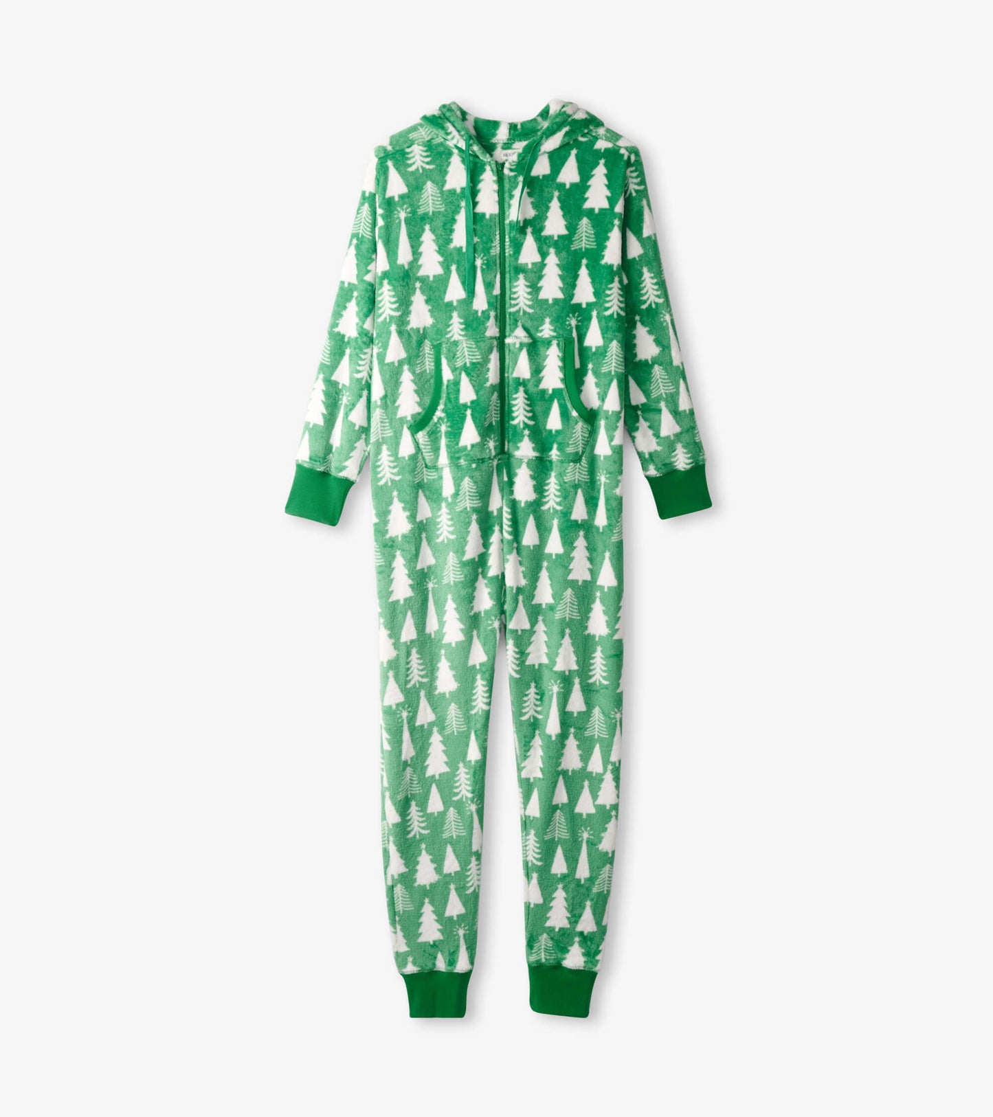 Green hooded fleece jumpsuit featuring a white Christmas tree pattern, with pockets and ribbed cuffs.