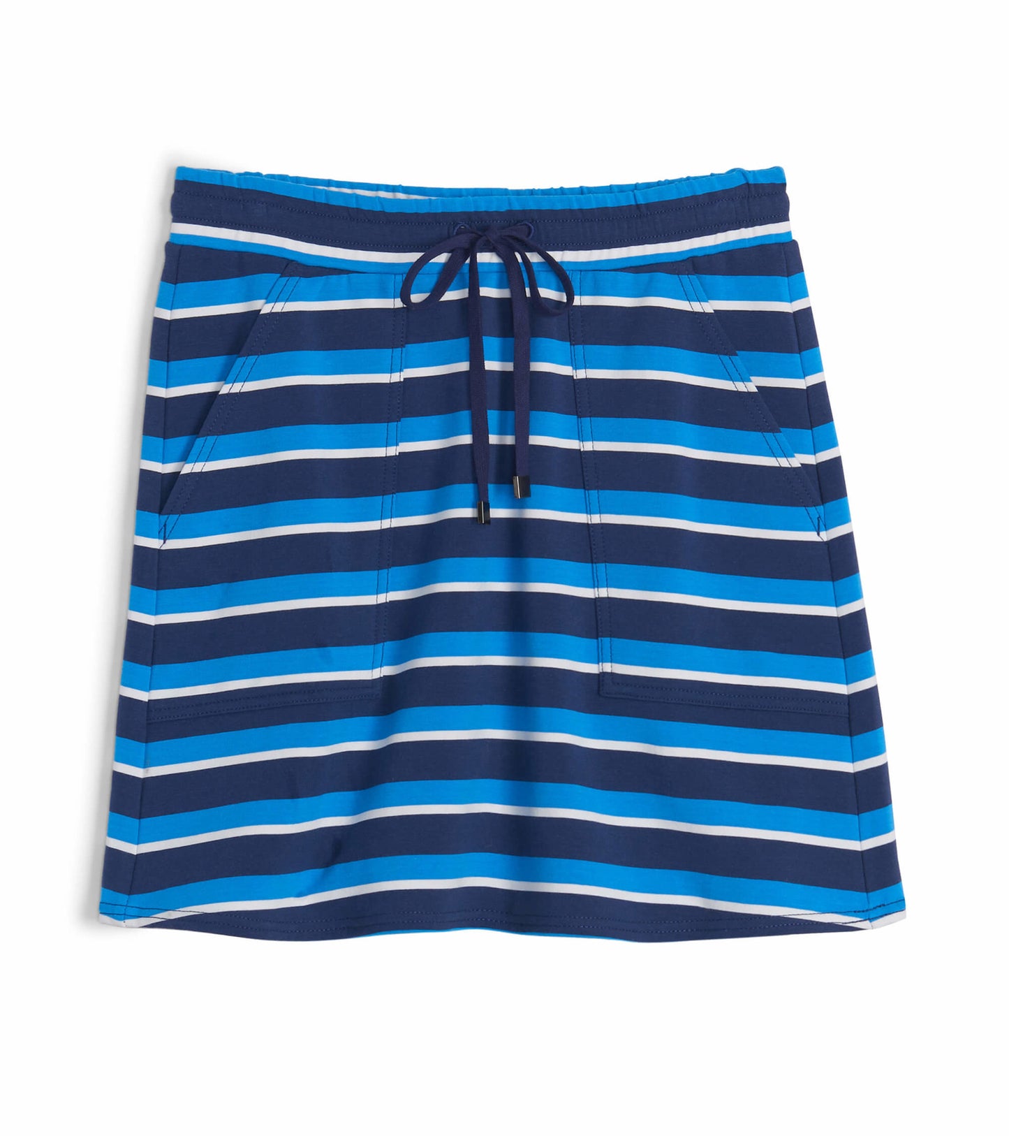Blue and white striped skirt with a drawstring waist and side pockets, suitable for casual wear.