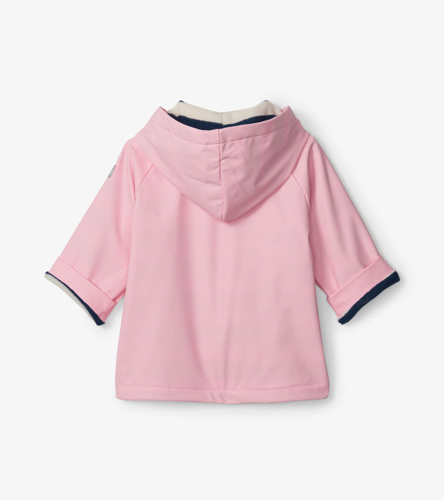 Pink baby raincoat with a hood and navy trim, featuring short sleeves and a smooth, waterproof material.